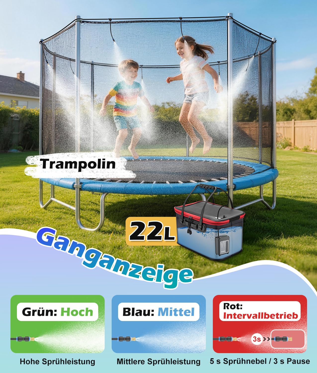 WADEO Sprühnebel Kühlung Nebelkühlsystem mit 6000-mAh-Pumpe, 22-Liter-Wassereimer, 8 m Schlauch, 8 Messingdüsen, 8 Klammern und 10 Krawatten für Terrasse, Garten, Rasen