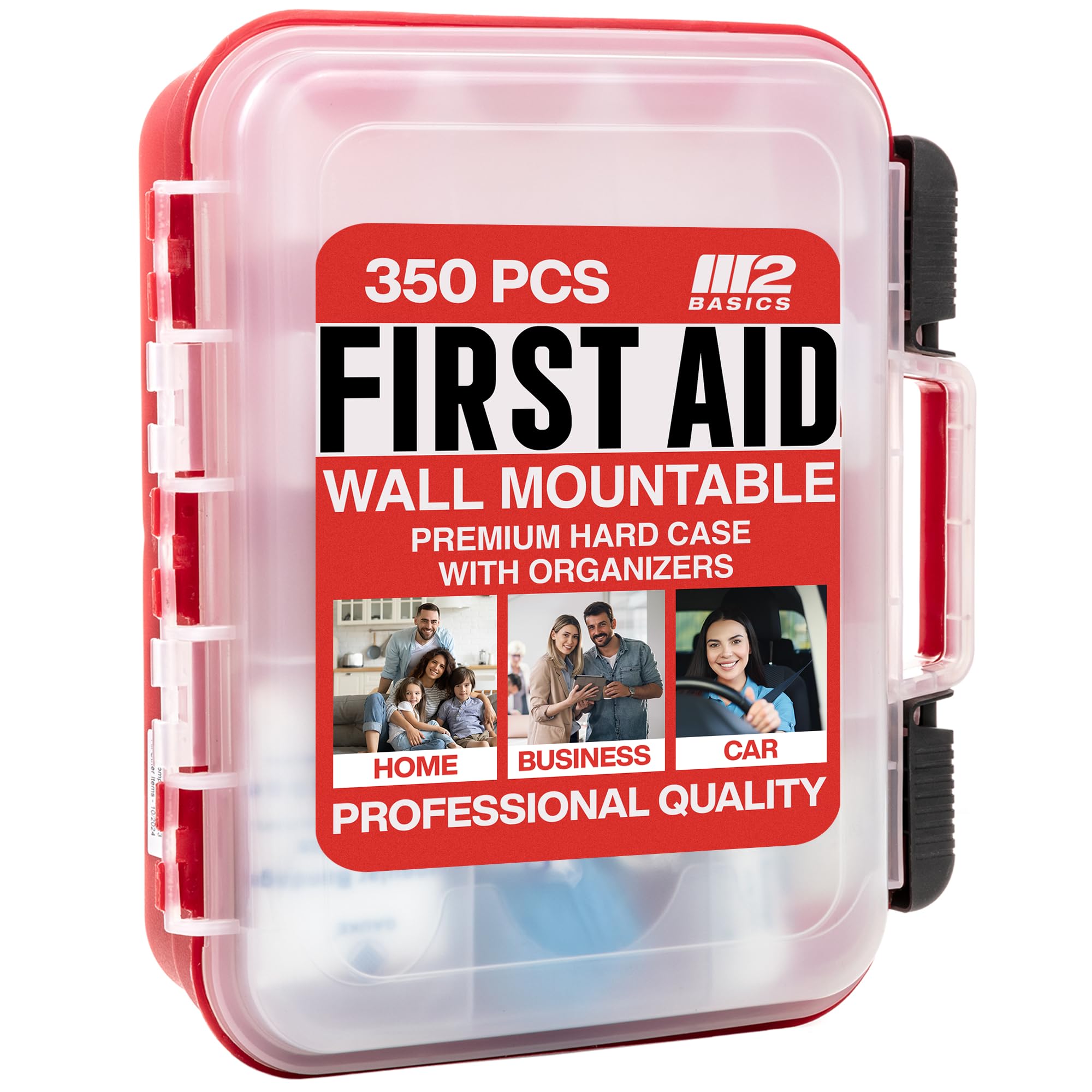 M2 BASICS Kit profesional de primeros auxilios de emergencia de 350 piezas | Suministros médicos para negocios y hogar | Estuche duro, doble capa, montado en la pared | Oficina, coche, escuela