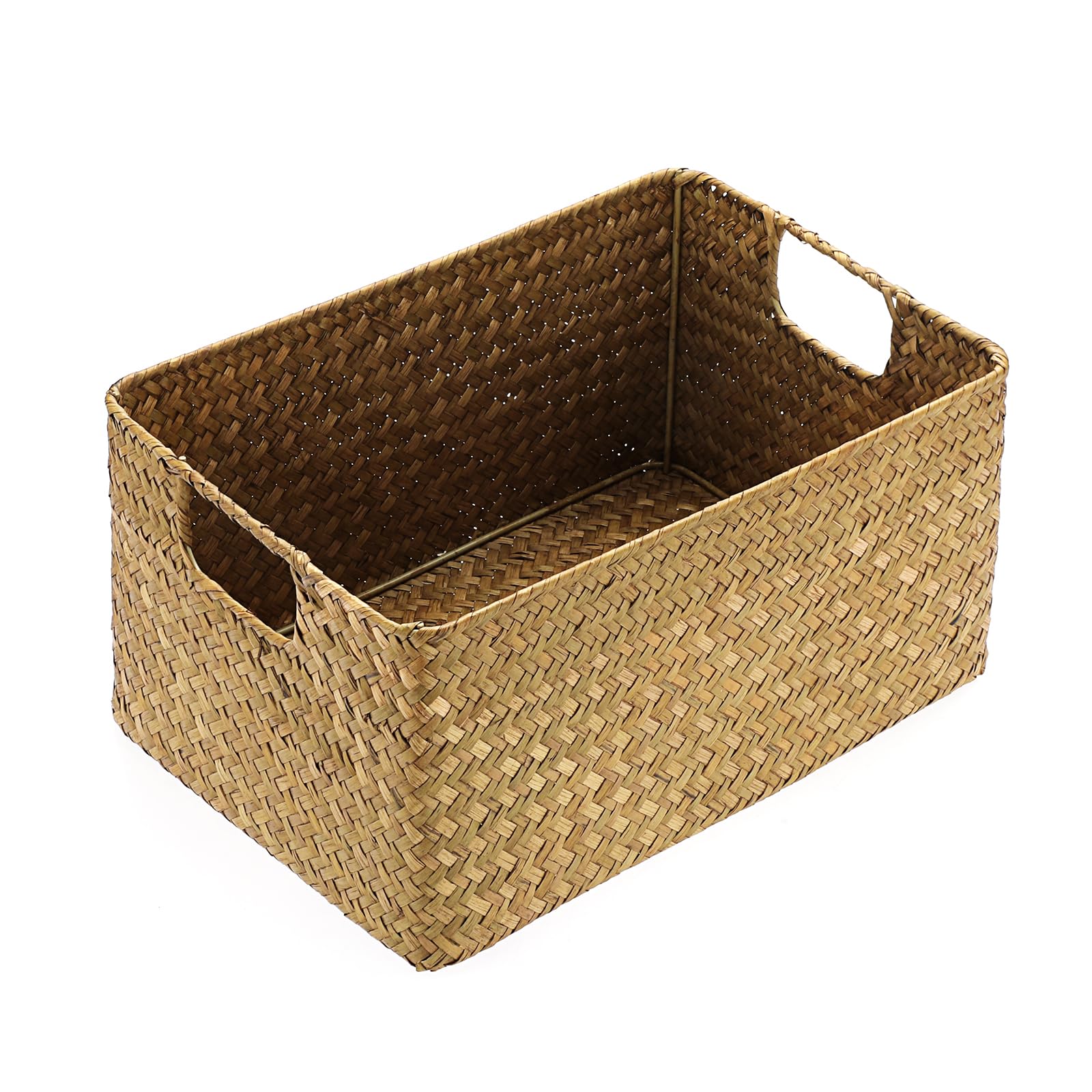 IGNPION Opbergmand met deksel van zeegras, geweven opbergmand van zeegras, rechthoekige opbergdoos voor badkamer, planken en bureaus, multifunctionele decoratieve mand (koffie, L