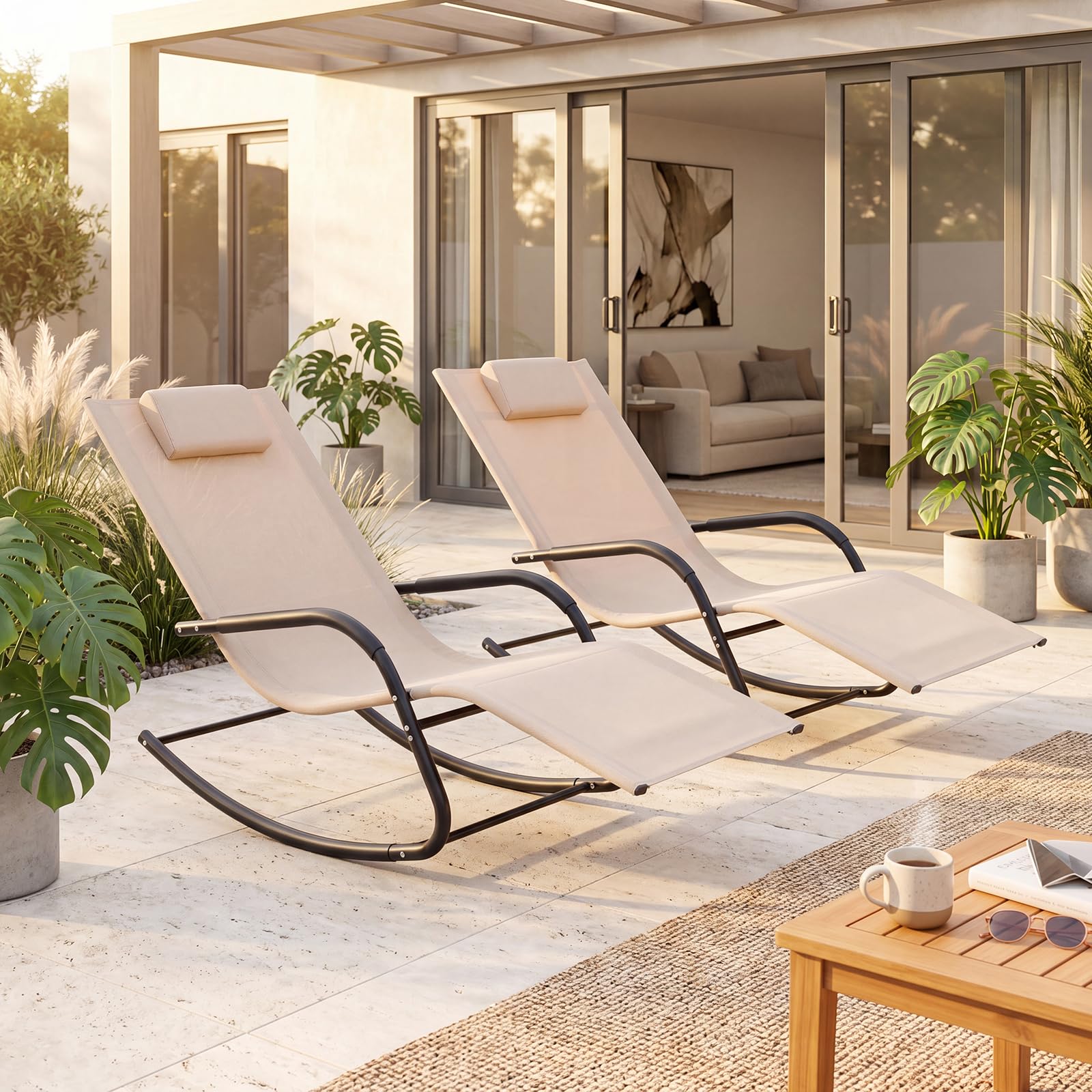 GOPLUS Transat Jardin Exterieur à Bascule avec Tétière Accoudoirs (Beige)