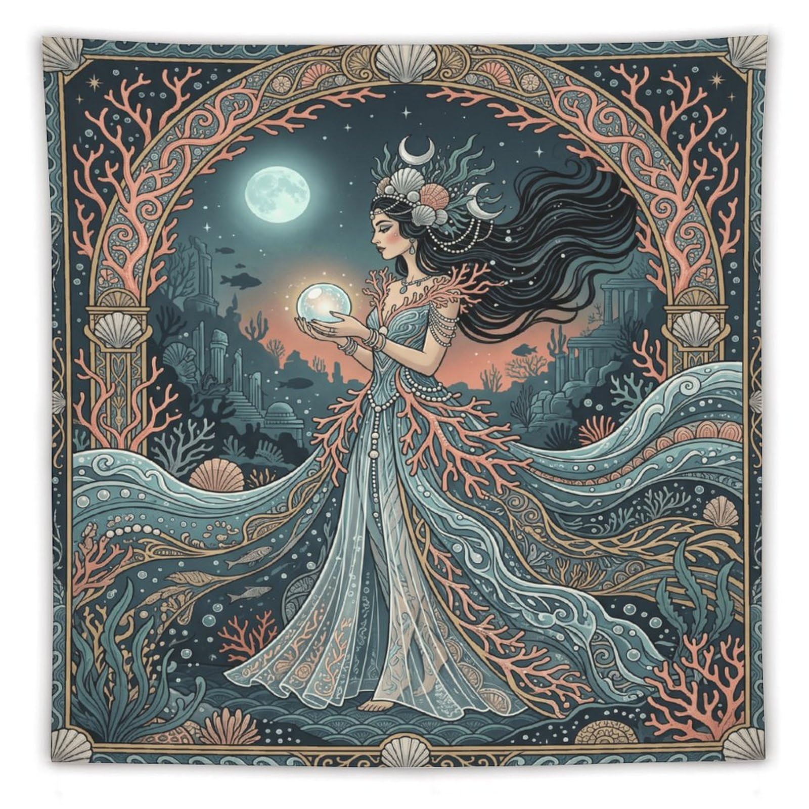 H3B8U2Y5 Art Nouveau Ocean Woman Wall Tapestry, Symbolist Art, College Dorm