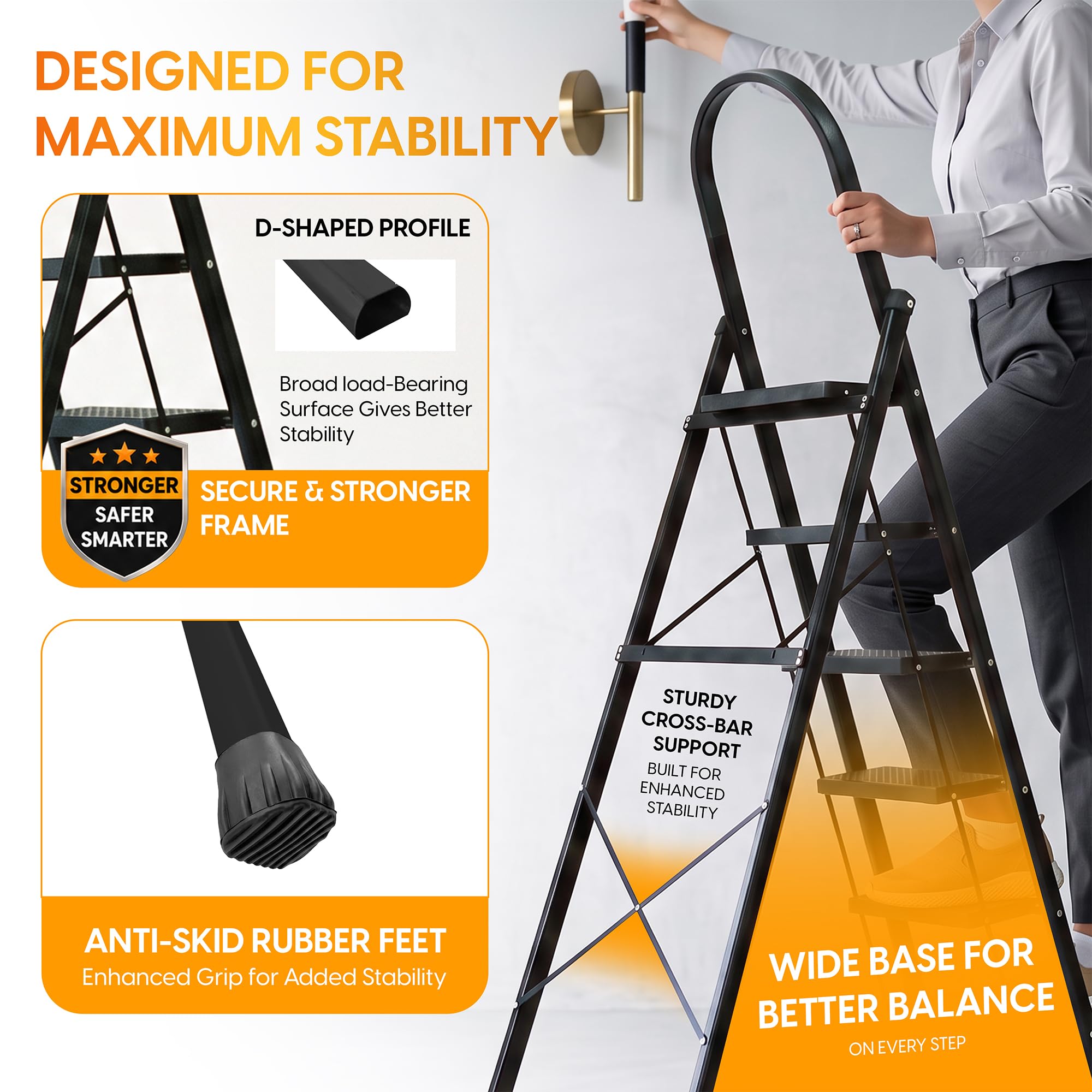 HOUZA Steel Ladder for Home 7 Steps Foldable with Anti-Skid Wide Steps (30cm x 20cm) | 7 Step Ladder for Home Use with D-Shape Rods | Secure Lock | 150 Kg Capacity Folding Ladder | 5 Year Warranty — Amazon image 4