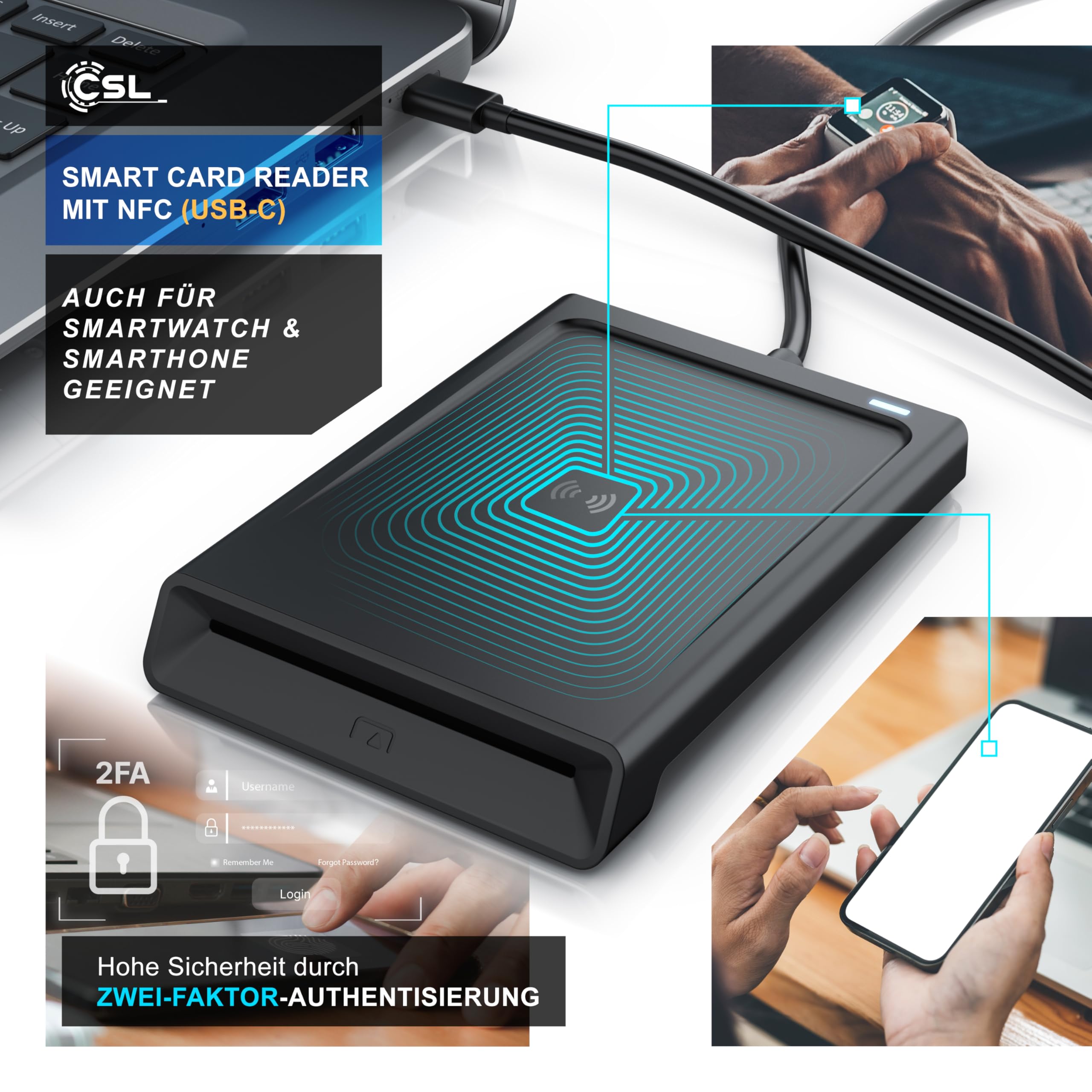 CSL - USB C Personalausweis Lesegerät mit NFC - Chipkarenleser SIM - Dual Mode (NFC und Kartenslot) - Kartenlesegerät - Win 10-11 - für den neuen Personalausweis Gesundheitskarte Keine EPA Bankkarten