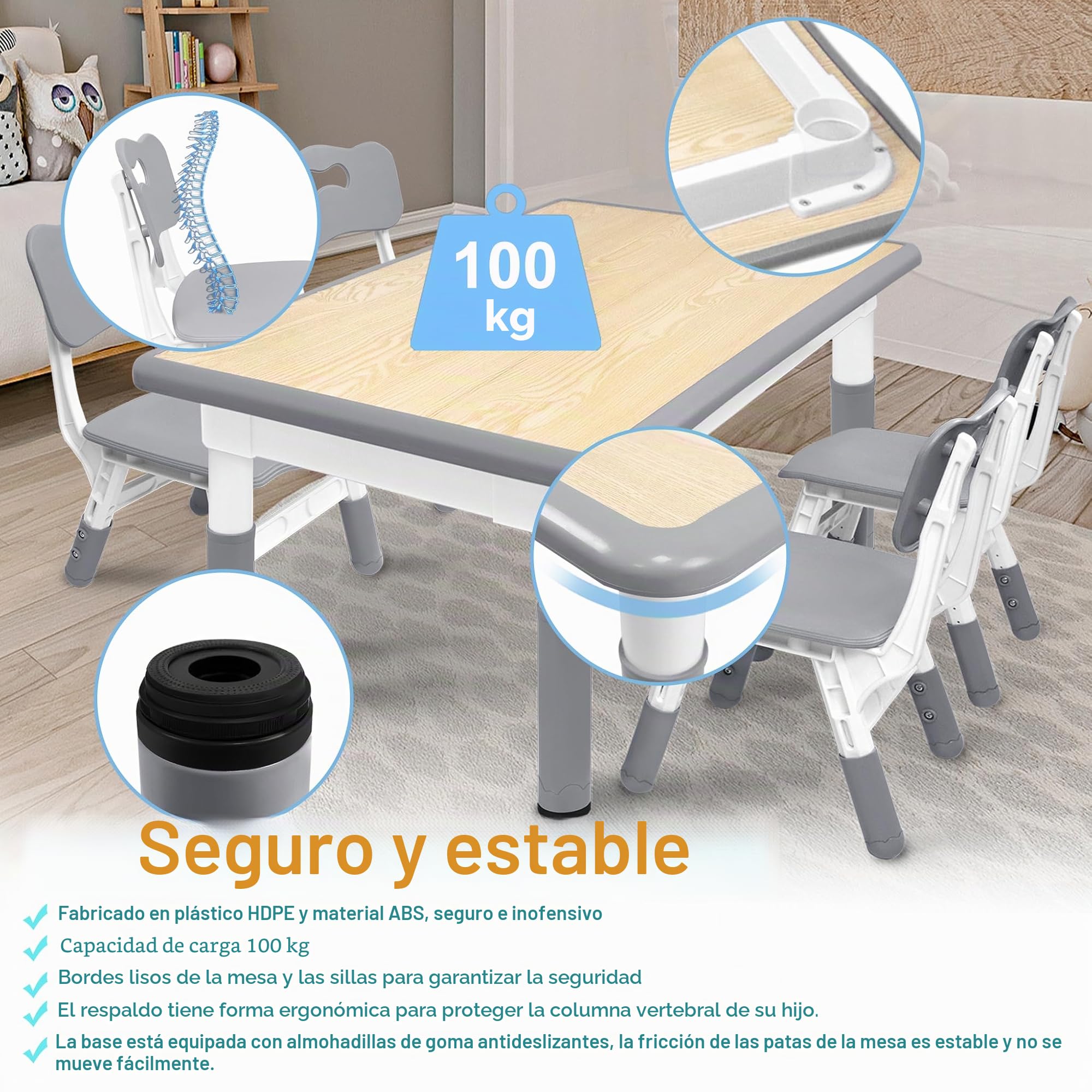 Aufun Mesa para niños con 4 sillas, Grupo de Asientos para niños Regulable en Altura, Juego de sillas de Mesa para jardín de Infancia y habitación Infantil, Mesa de Pintura fácil