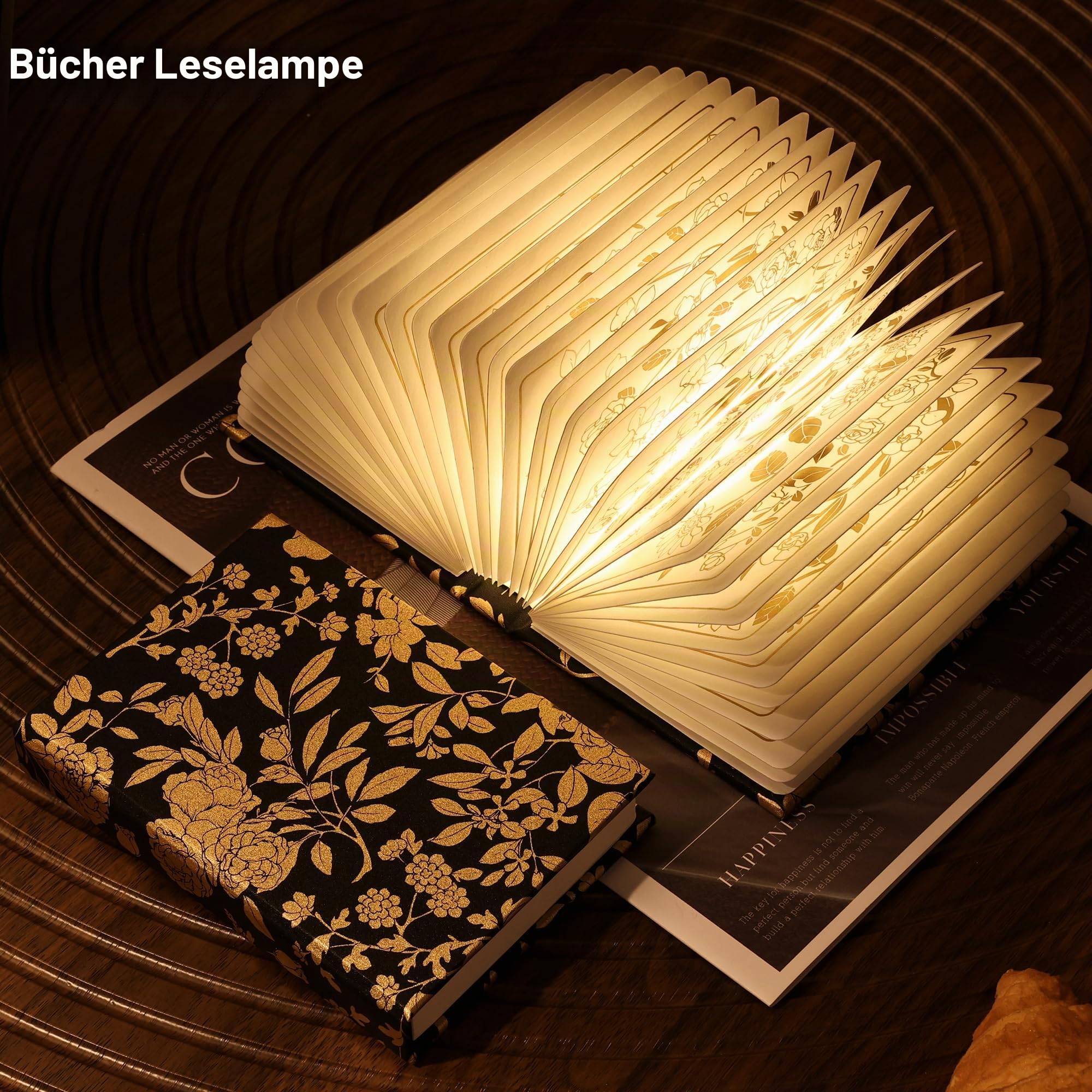 Buchleuchte mit Blumendruck, 3-farbige Buchlampe, Buchliebhaber, Geschenke, 1200 mAh, tragbare, faltbare Papier-Schreibtischlampe, Nachtleselampe, Geschenke für Frauen, Geburtstag
