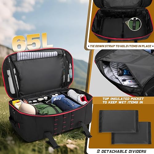 Miniatura 2 de Bolsa de lona táctica de 65 L con correas de mochila, bolsillo húmedo y divisores desmontables, mochila de lona para viajes, deportes y militares,