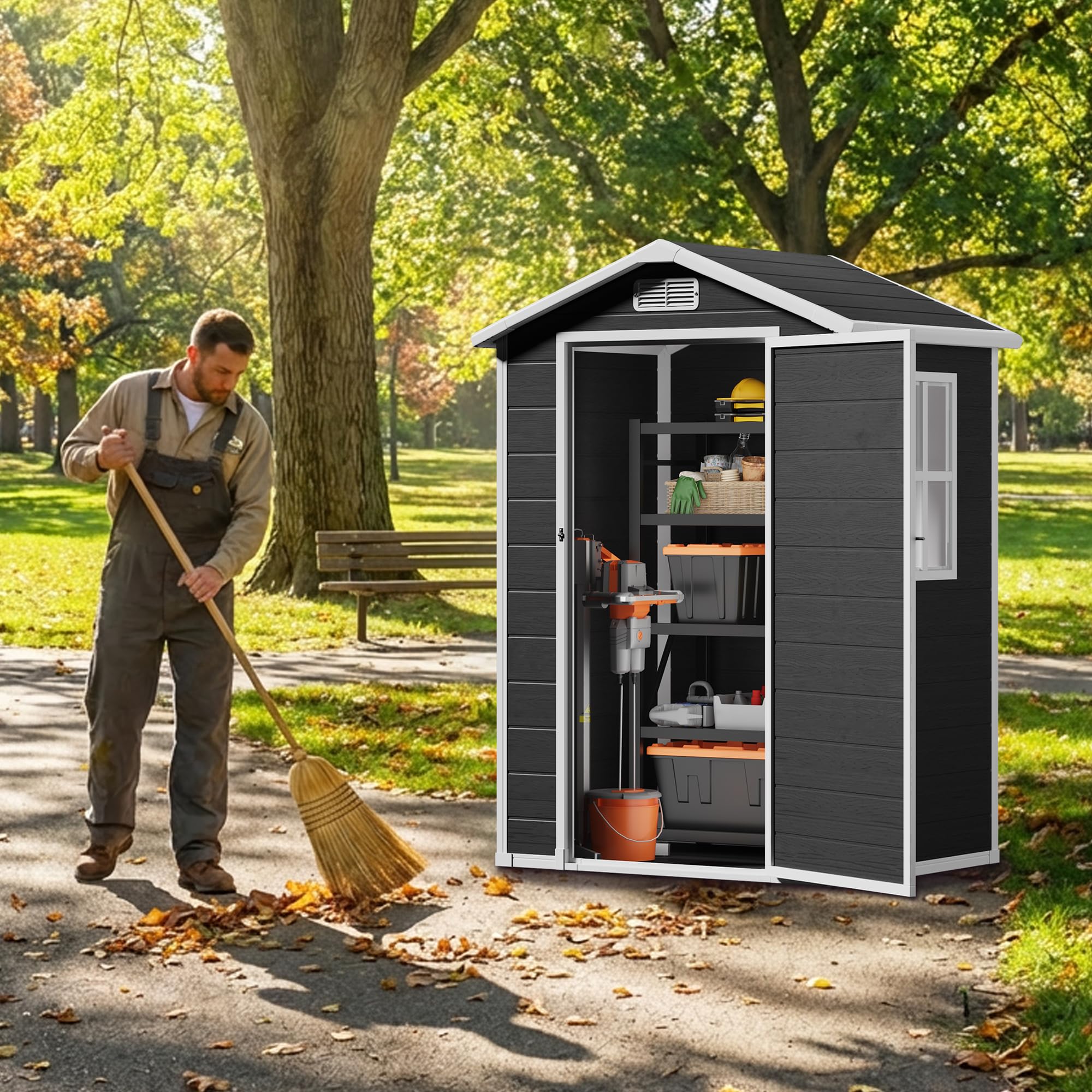 Abri de Jardin en Résine, Cabane à Outils Imperméable avec Fenêtre et Ventilation, Abri de Rangement Verrouillable pour Outils de Jardin, 122 x 92 x 188 cm (Noir)