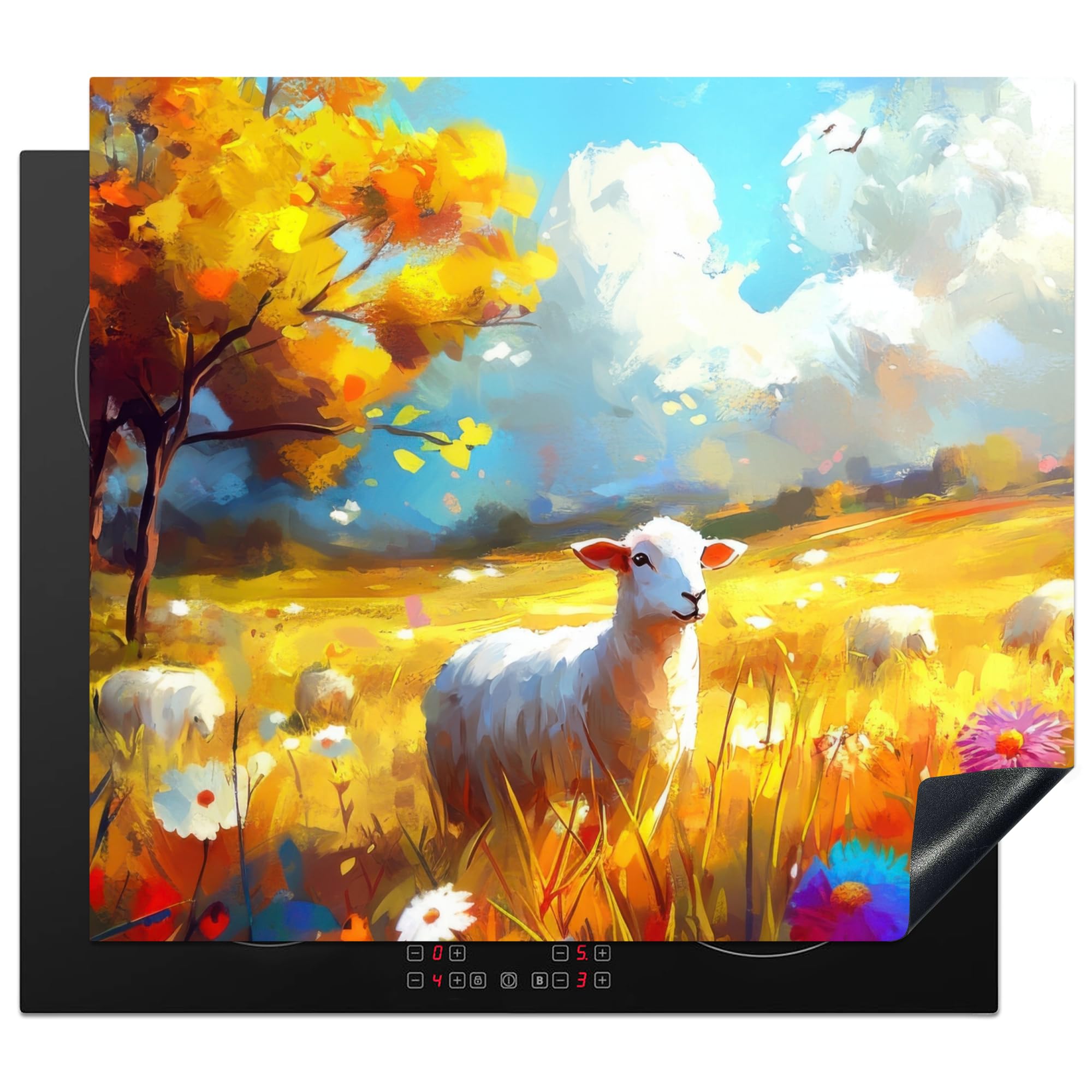 KitchenYeah© Induction Hob Protector Mat 20.2"x22.9" / 58.3x51.3 cm Cooker Top Protectors Cover Ceramic Covers Electric Hobs Vinyl Sheep - Meadow - Flowers — image 1