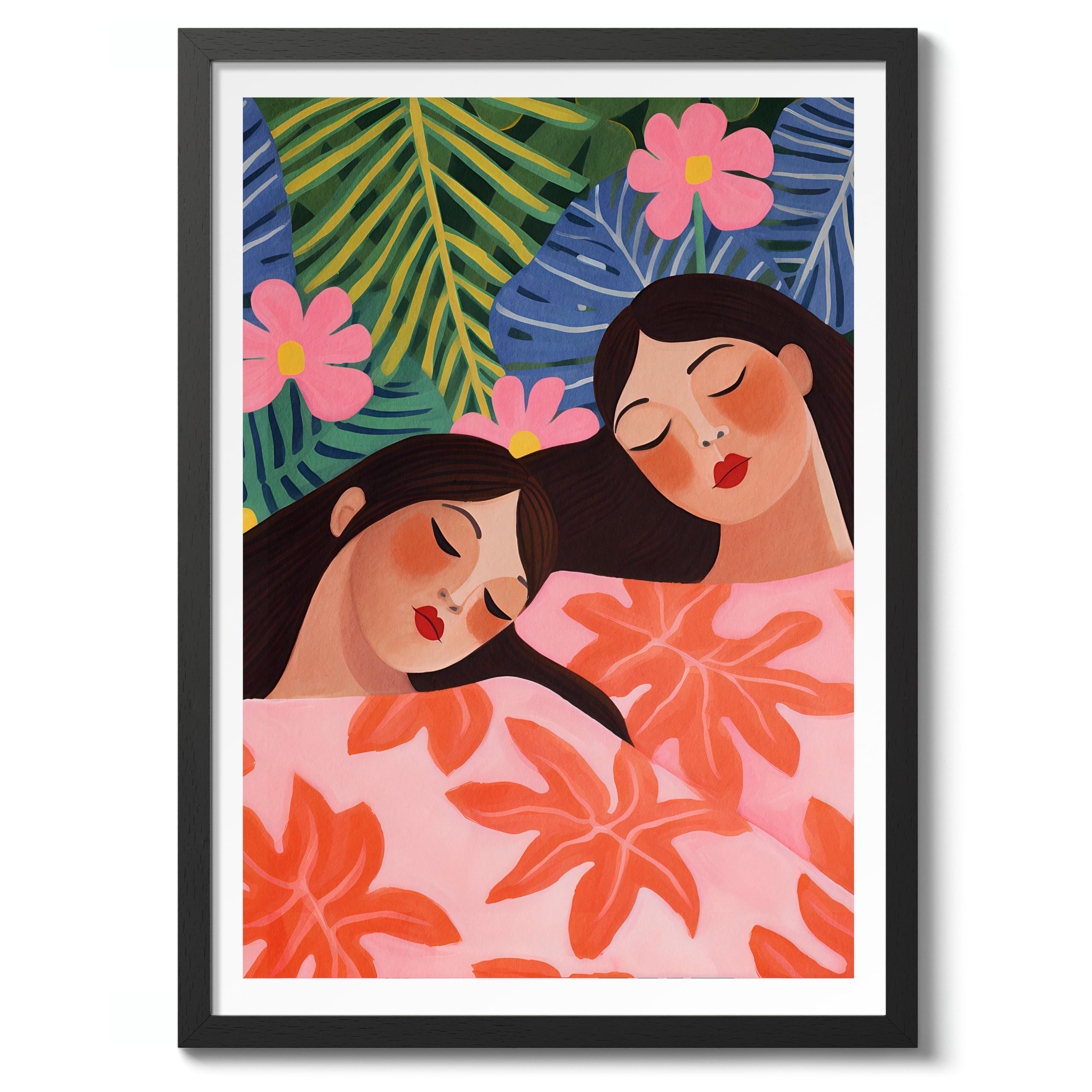 Tropical Tranquility Boho Room Decor Wall Art, Watercolour Poster, Maximalist Decor Aesthetic Print, Bedroom Gallery Artwork, Archival Matte, 50x70cm (Black Frame) - 50x70cm