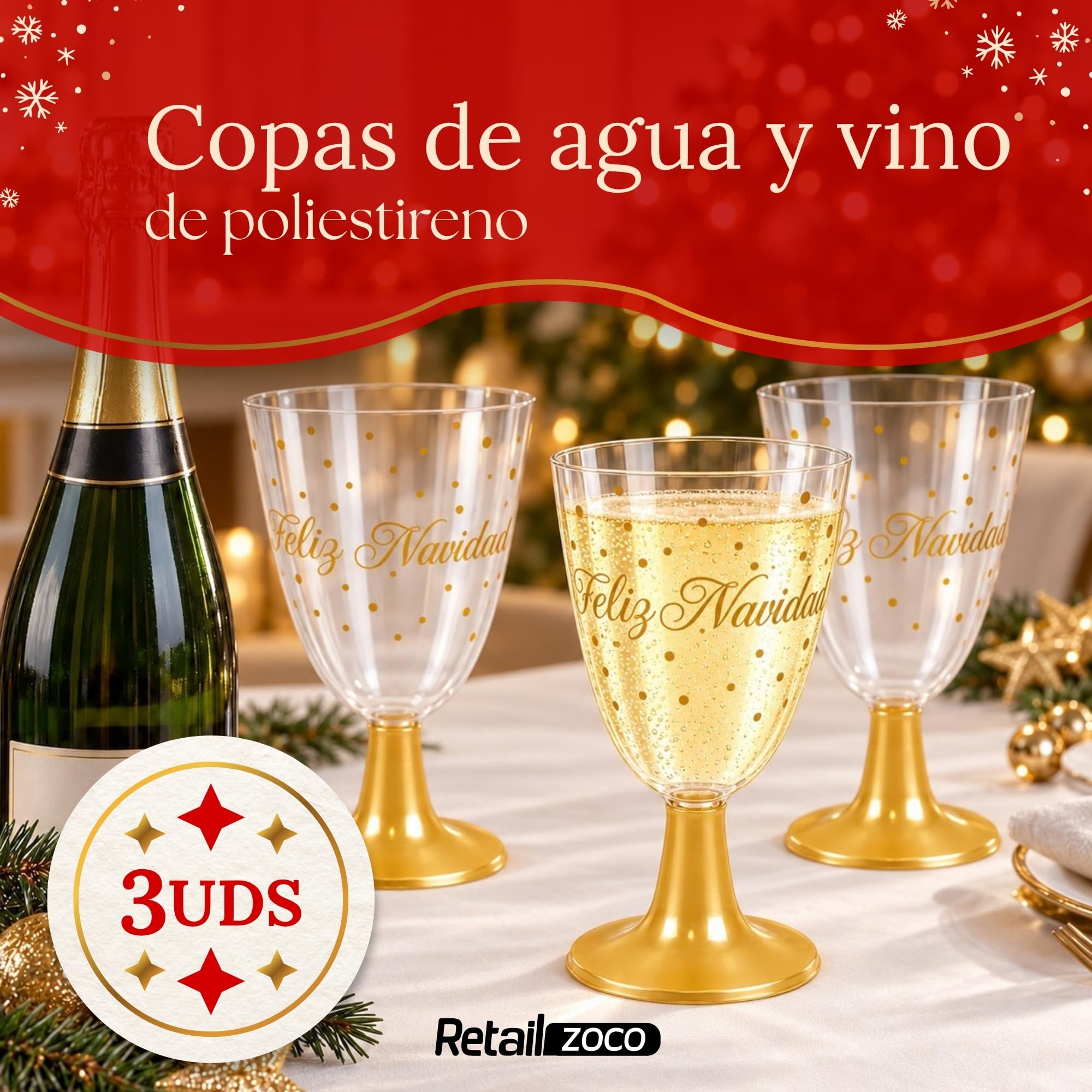 Copas de agua, Copa Vino, Plástico, Diseño Feliz Navidad, Pack 3 unidades - imagen 2