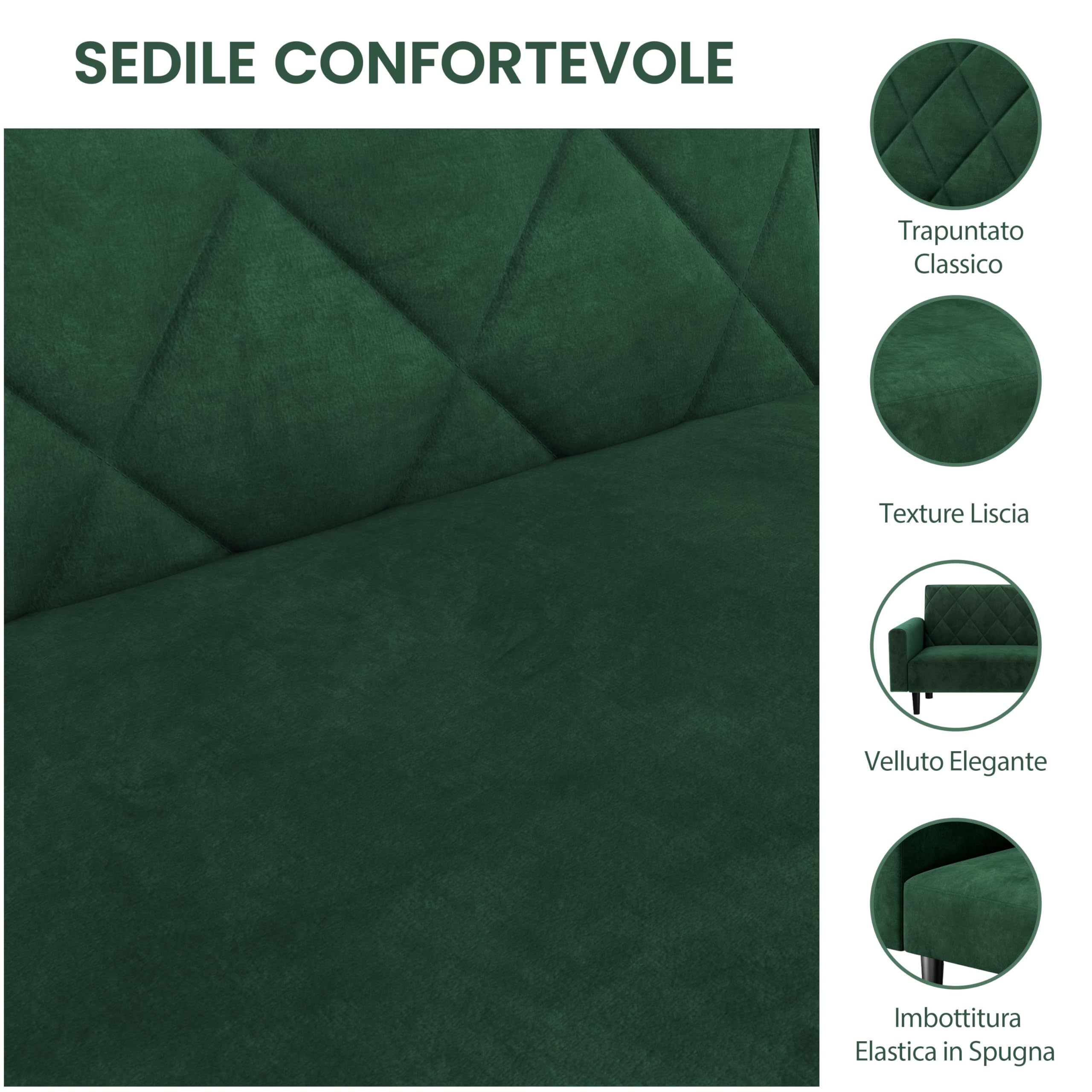 Yaheetech Divano Reclinabile Divanetto Trasformabile a 2 Posti Sofa Matrimoniale con Braccioli Mobile Imbottito in Velluto per Soggiorno Ufficio Salotto 159 × 94 × 52,5 cm Verde