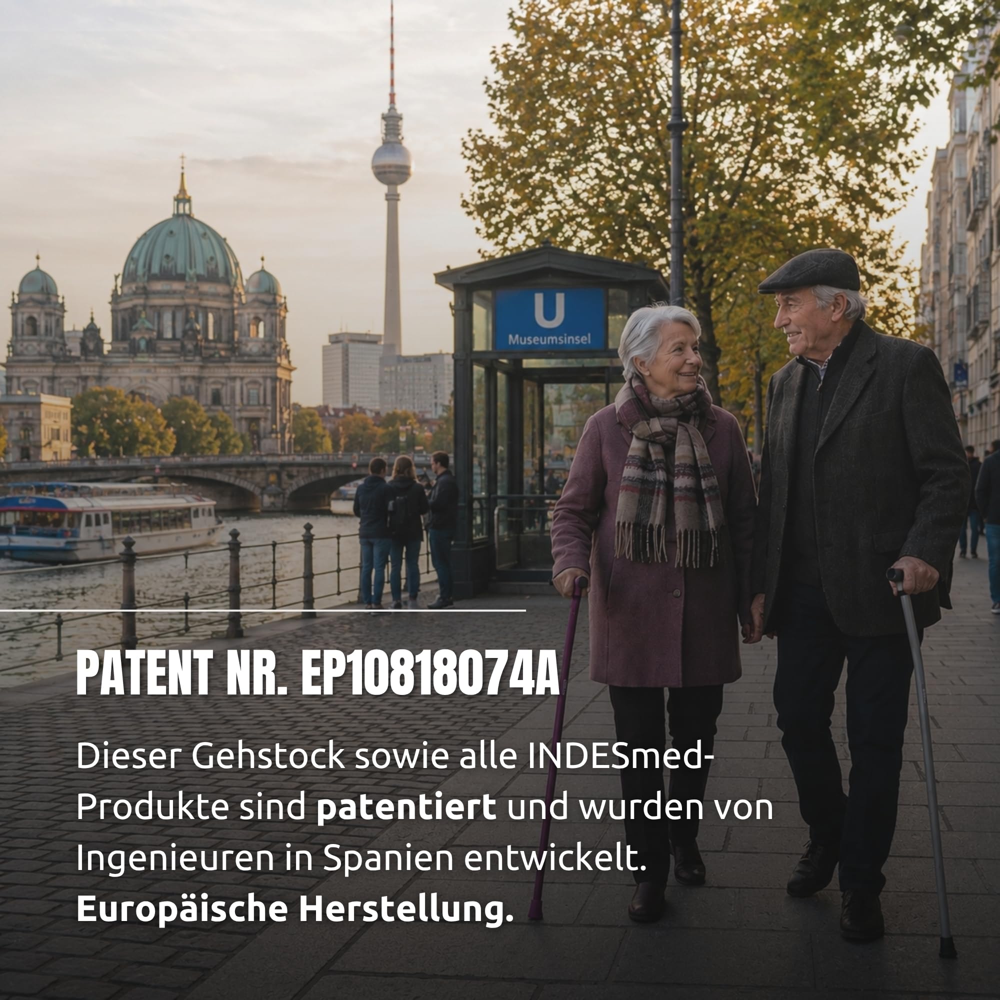 INDESmed Gehstock aus Luftfahrt-Aluminium | Leicht, ergonomisch & höhenverstellbar | Gehstock Damen & Herren – Für Alltag, Reha & Spaziergang – Elegante Gehhilfe - Grau, L