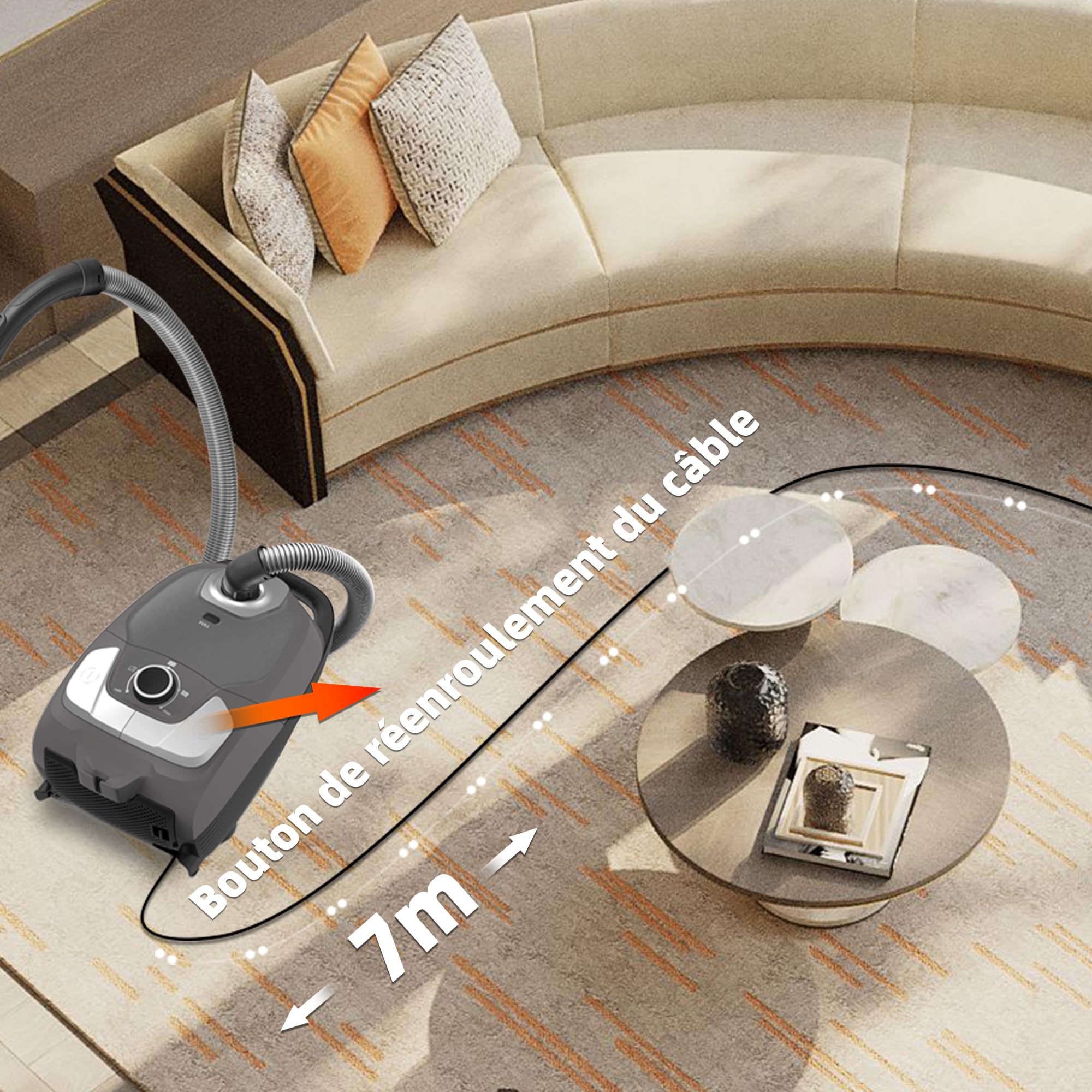 Akitas C11 Turbo 900W Aspirateur avec Sac Turbo Câble 7m, Aspiration Réglable Brosse Turbo Anti-Poils d’Animaux 4-en-1 pour Sols Durs et Moquettes Tête de Rechange Incluse