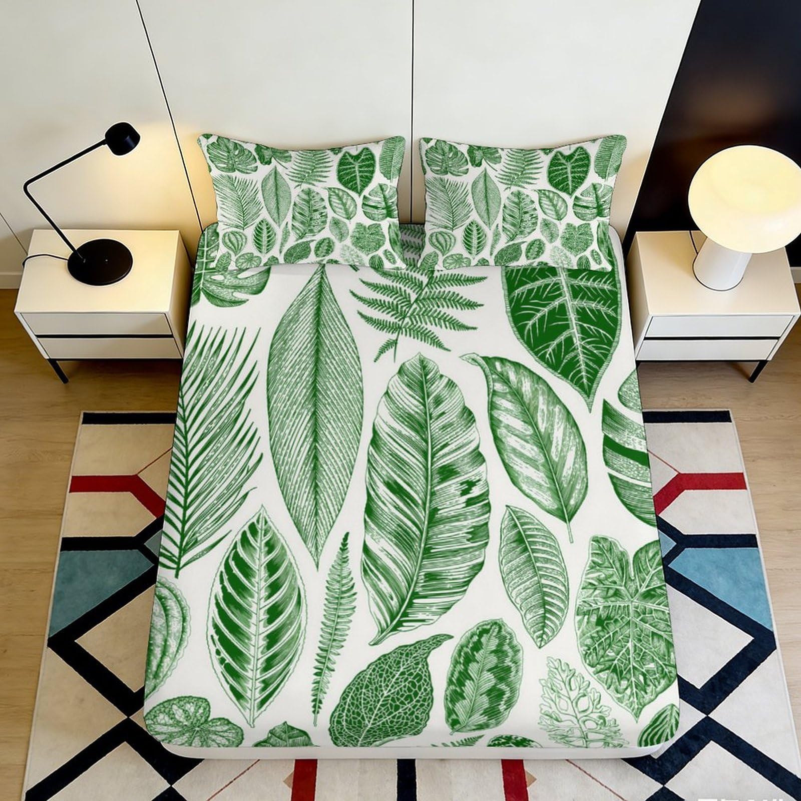 3D Printed Tropical Leaf Fitted Sheet Microfiber Soft Green Botanical Mattress Cover for Bedroom Guest Room Decor 140x200x25cm