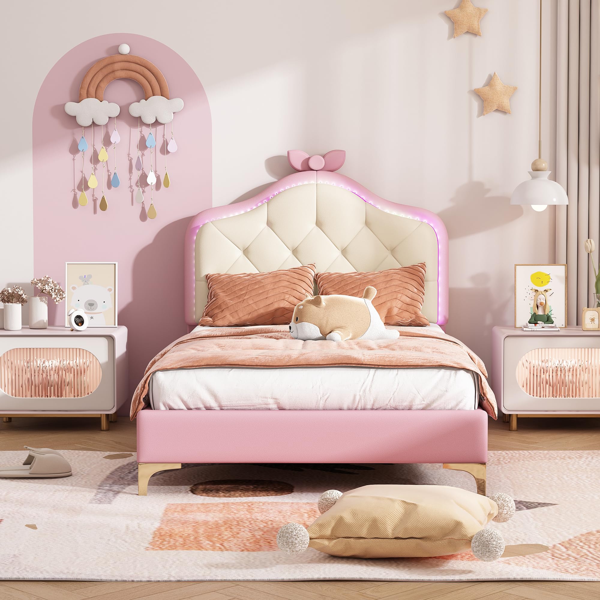 Cama tapizada mágica de princesa: rosa y blanco, 90 x 200 cm, cabecero con forma de nube con lazo y tiras LED, piel sintética, cama individual para niñas, ideal para habitación infantil con somier de