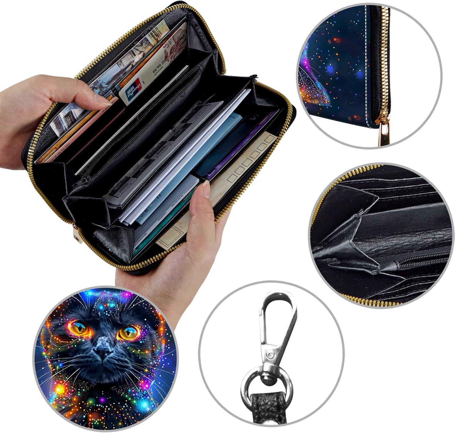Women's Wallets,Credit Card Holder Money Leather Long Wallet with Wristlet,Large Capacity with Zip-Around Phone Purse for Women Ladies Girls,Luminous Black Cat - Image 4