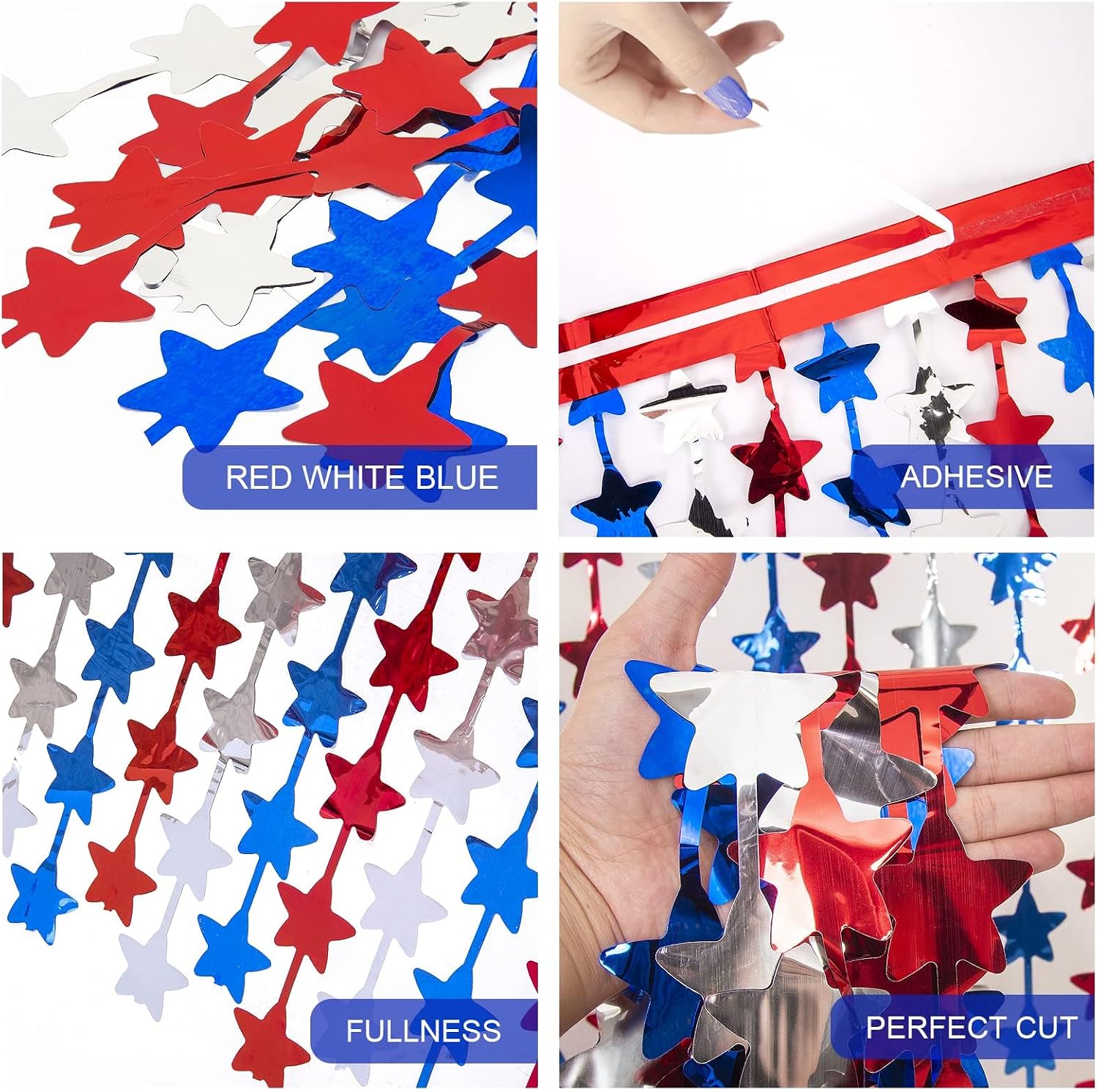 LOLStar 4th of July Decorations, 3 Pack Red White and Blue Star Backdrop | Patriotic Star Tinsel Foil Fringe Curtains 4th of July Photo Booth Prop Streamers Memorial Day Labor Day Veterans Day Decor