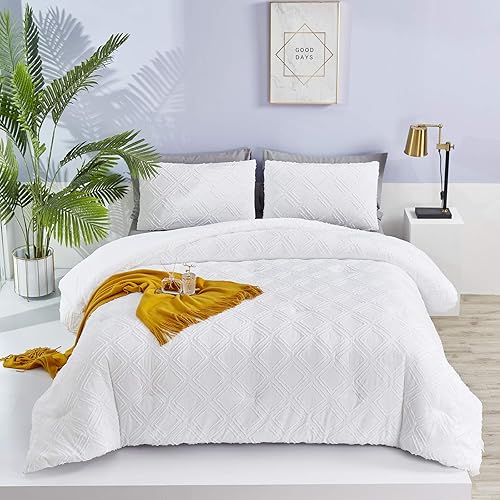 Luxlovery Juego de edredón de jacquard blanco, tamaño King, bohemio, color blanco liso, copetudo con bordado de diamante, acogedor y bohemio, juego