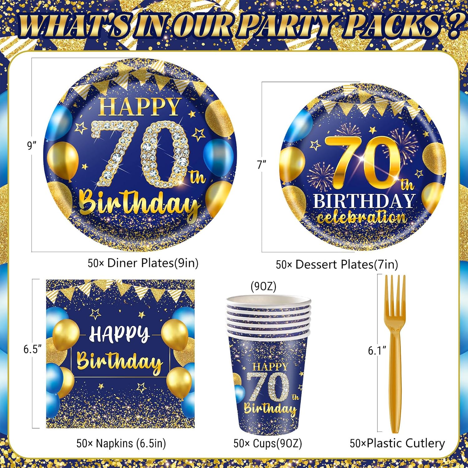 250PCS 70th Birthday Party Decorations for 50 Guests Blue and Gold Party Supplies for Men Include Disposable Paper Plates, Napkins, Cups, and Disposable Plastic Cutlery (70)