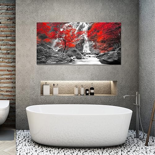 Miniatura 7 de LUEAXRG Arte de Lienzo de Cascada para Pared Imágenes de Lienzo de Bosque Hojas de Árbol Rojo Paisaje Decoración de Pared Arte Contemporáneo