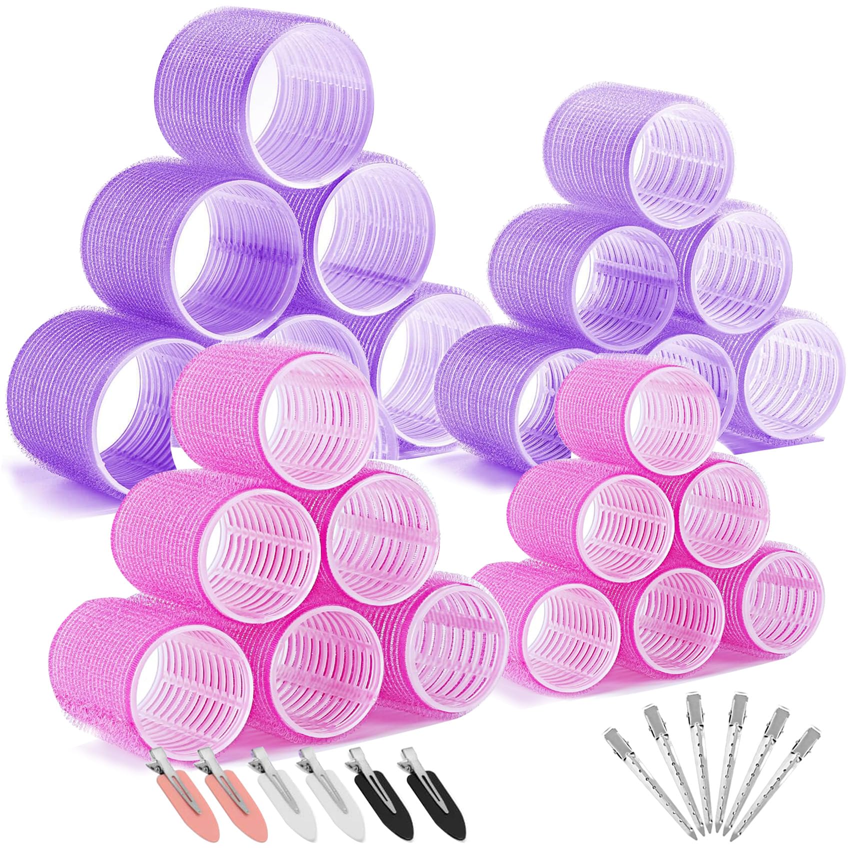 Yolistar Set di 48 bigodini per capelli autoadesivi senza calore, con 4 misure 64/44/36/25 mm, con 12 clip per capelli lunghi e corti (rosa e viola)