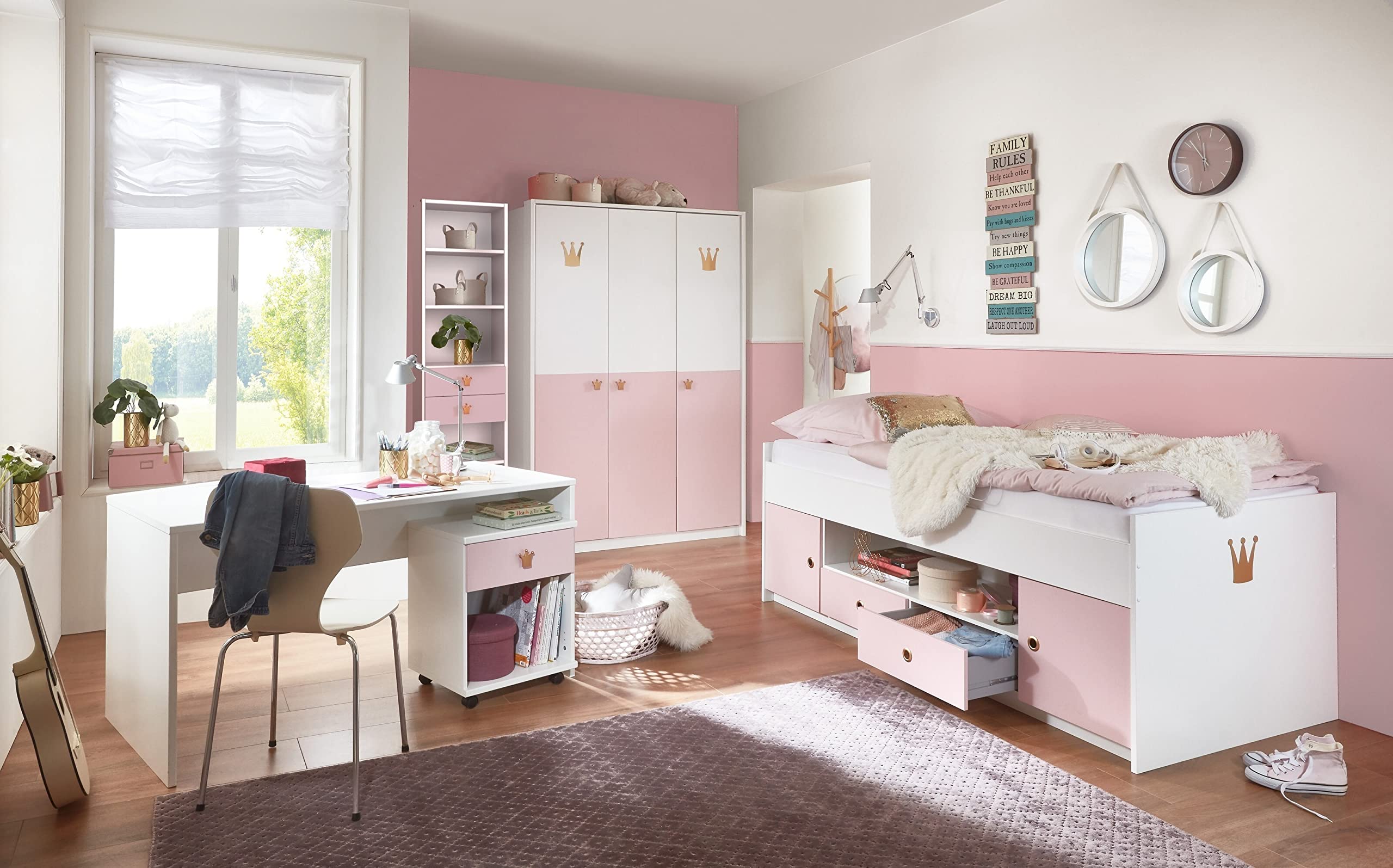 möbelando Kleiderschrank CINDY2 139x199x58 cm Weiss ABSETZUNGEN Rose