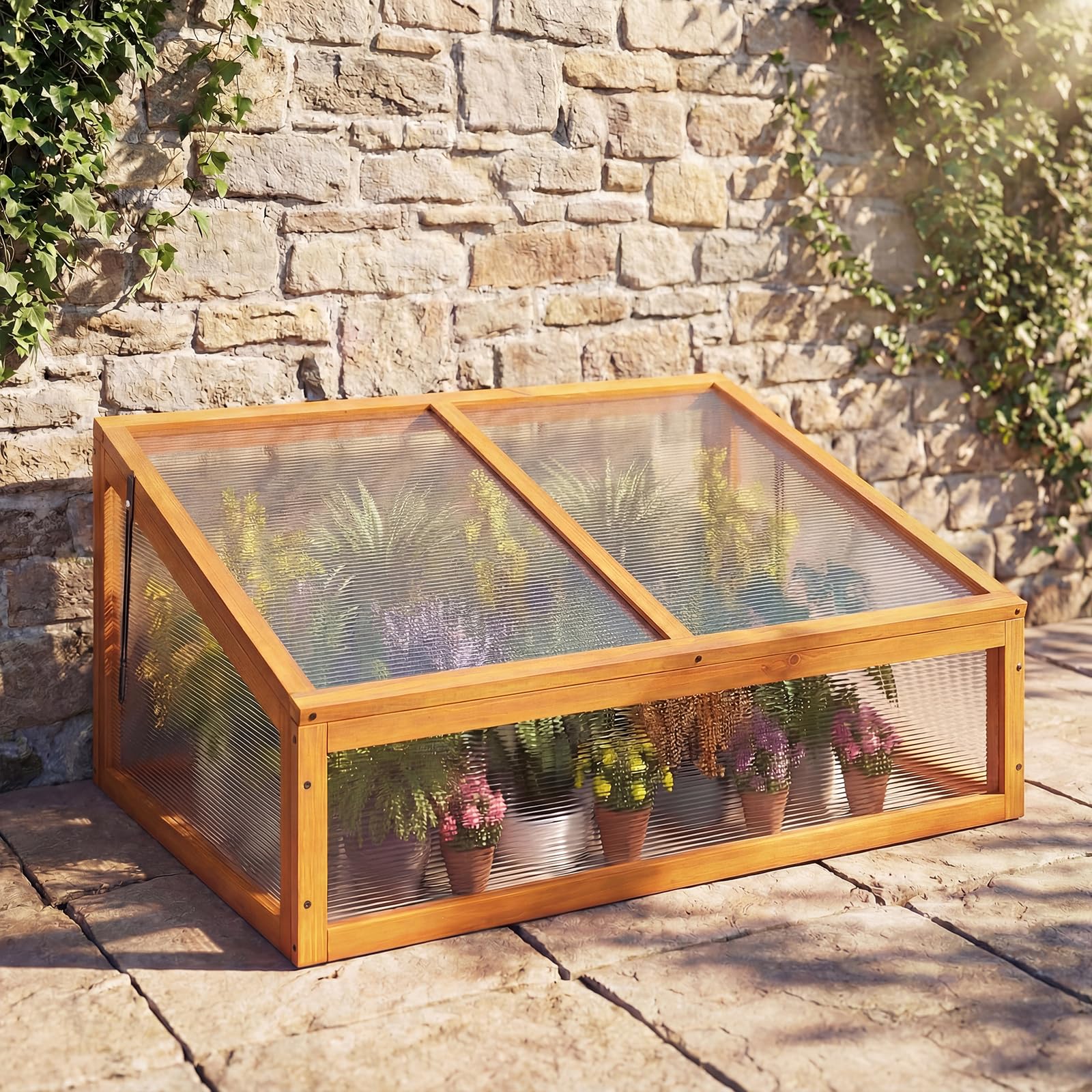 FANTASK Frühbeet Gewächshaus, 94 x 63 x 40 cm, Frühbeete Hochbeete mit Abdeckung, mini Gewächshaus, Treibhaus, Frühbeetkasten Aufsatz für Garten, Terrasse & Balkon (Orange)