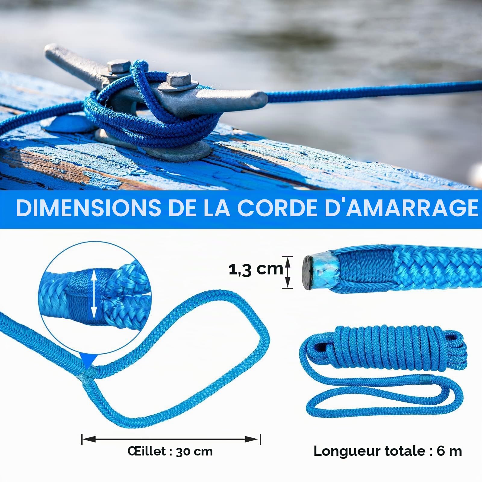 BOOMSTART Lot de 4 cordes d'amarrage de bateau de 12 mm avec œillet en nylon double tressé, diamètre 12 mm, longueur : 6,1 m, œil 30,48 cm, charge de rupture : 2240 kg, bleu