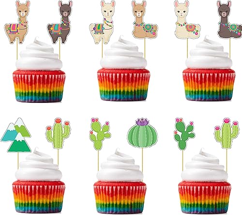 Miniatura 2 de Flairs New York Decoración de fiesta para cupcakes (alpacas y cactus, paquete de 24 adornos para cupcakes)
