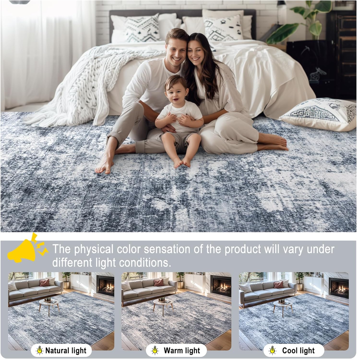 8x10 Area Rugs for Living Room - Washable Rug Modern Abstract Soft Large Neutral Non-Slip Carpet Indoor Floor Thin Carpets for Bedroom Dining Room Farmhouse Nursery Home Office Grey Blue