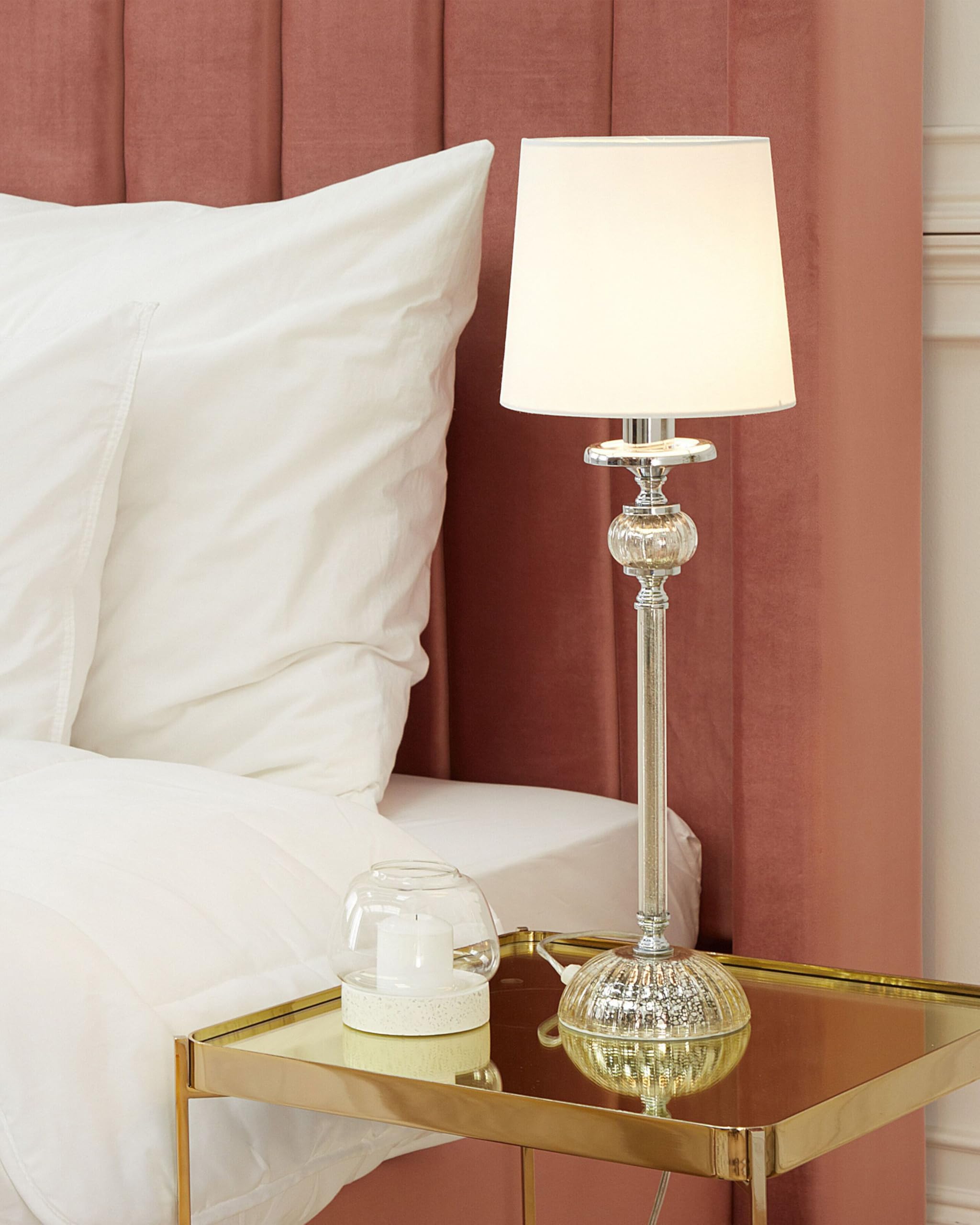 Elegante Tischlampe Lampenschirm aus Polyester Lampenfuß aus Glas weiß Kubena