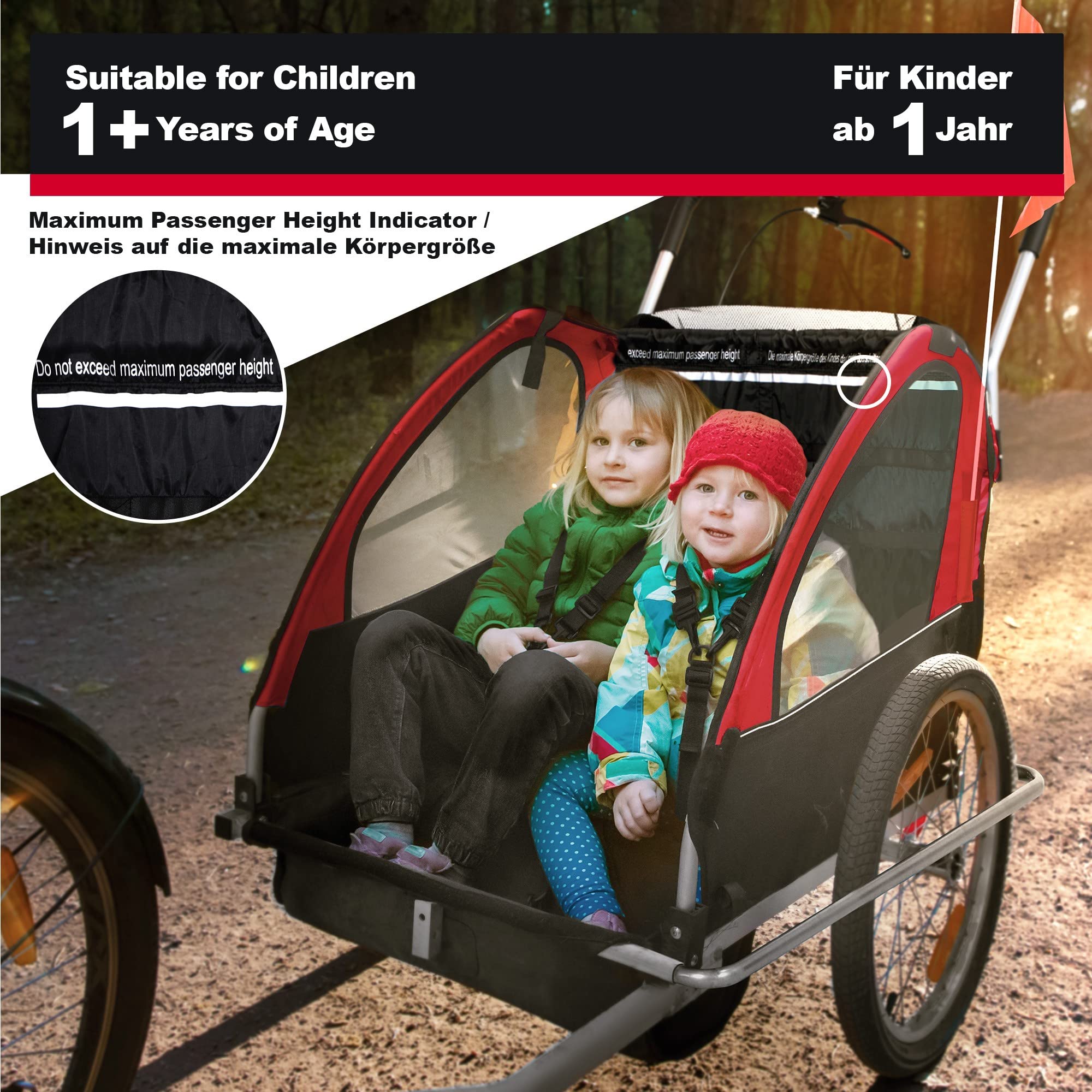 Jago® Rimorchio per Bicicletta - 2 Posti, da Bambini 12+ Mesi, Fissaggio a 5 Punti, Pieghevole, Tasche Laterali, Carico Massimo 40kg, in 3 colori - Carrellino Cani, Passeggino
