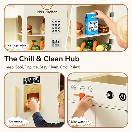 Miniatura 5 de Juego de cocina para niños con diseño giratorio, juego de cocina de madera para niños con máquina de hielo, juego de cocina de juguete para niños y