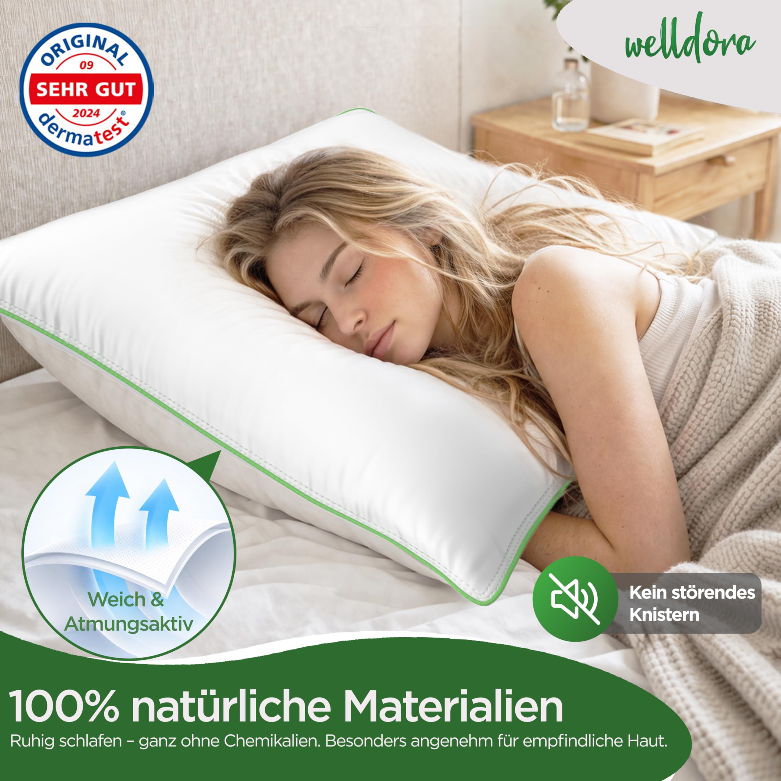 Welldora Kopfkissen 80x80 100% natürliche Daunenfasern Federn 3 Kammern Nackenstützkissen Oeko-Tex zert.