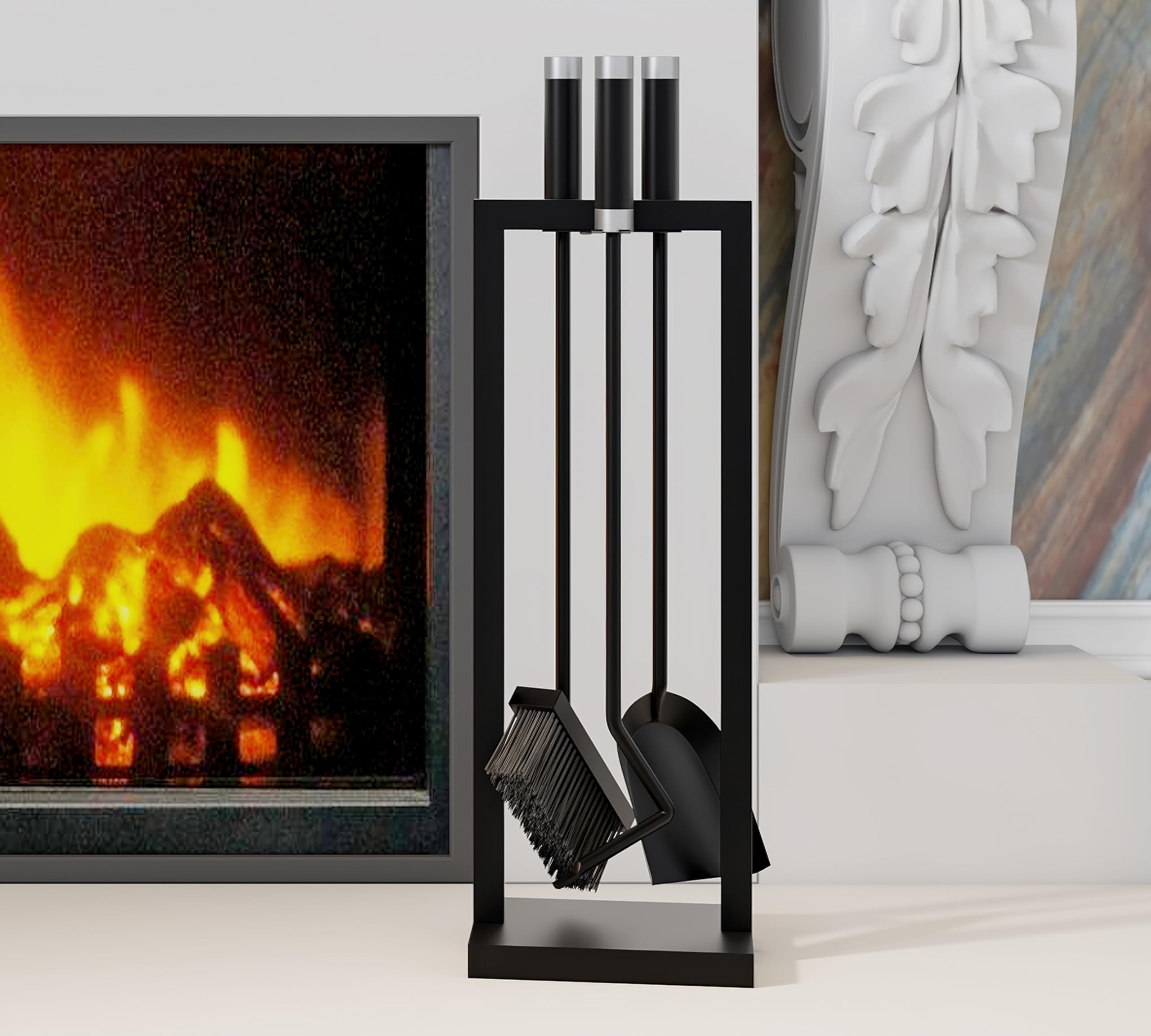 Kingson – Set di accessori per caminetto, 3 pezzi, con supporto – Include pala, spazzola e attizzatoio – Nero con rivestimento in polvere, manici in acciaio e inossidabile – 59,5 cm