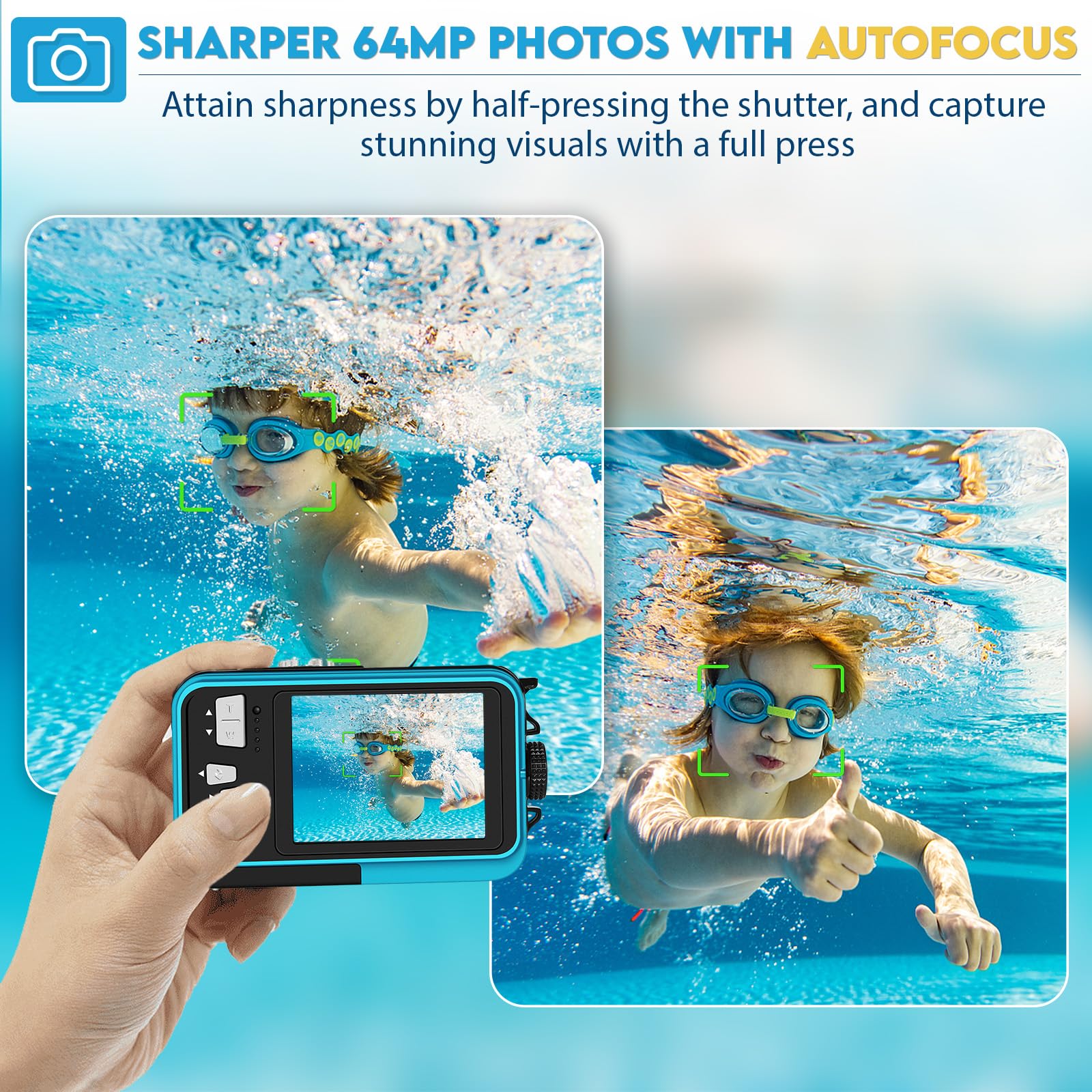 64MP Macchina Fotografica Subacquea Con Scheda Di Memoria Da 32 GB, 4K Fotocamera Subacquea Con Autofocus E Doppio Schermo Selfie HD, 5 Metri Fotocamera Subacquea Digitale (2 Batterie)