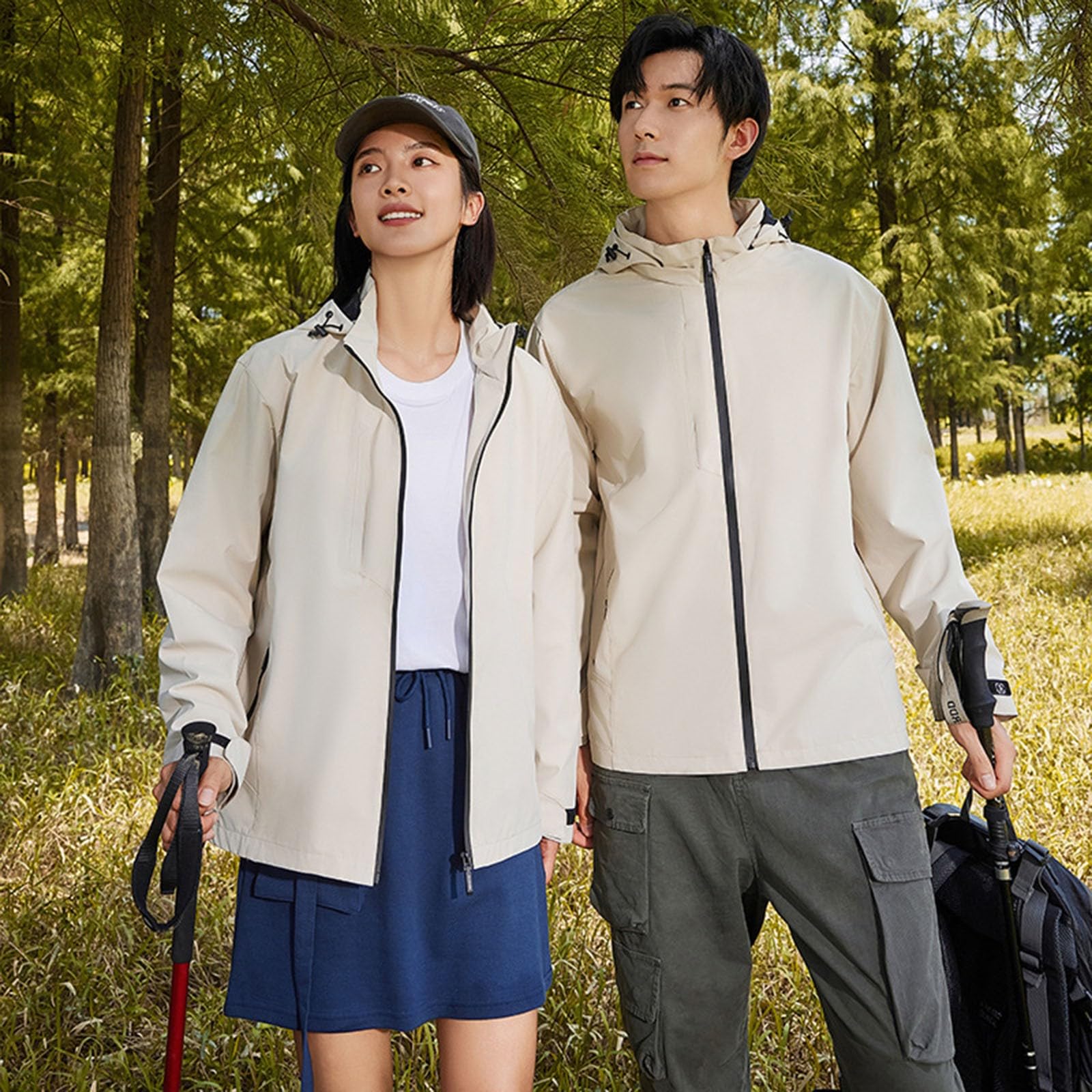 Chaqueta cortavientos ligera para mujer con para acampada al aire libre, viajes, abrigo de entretiempo estampado como protección contra la lluvia en excursiones en primavera (beige, XXXXXL)