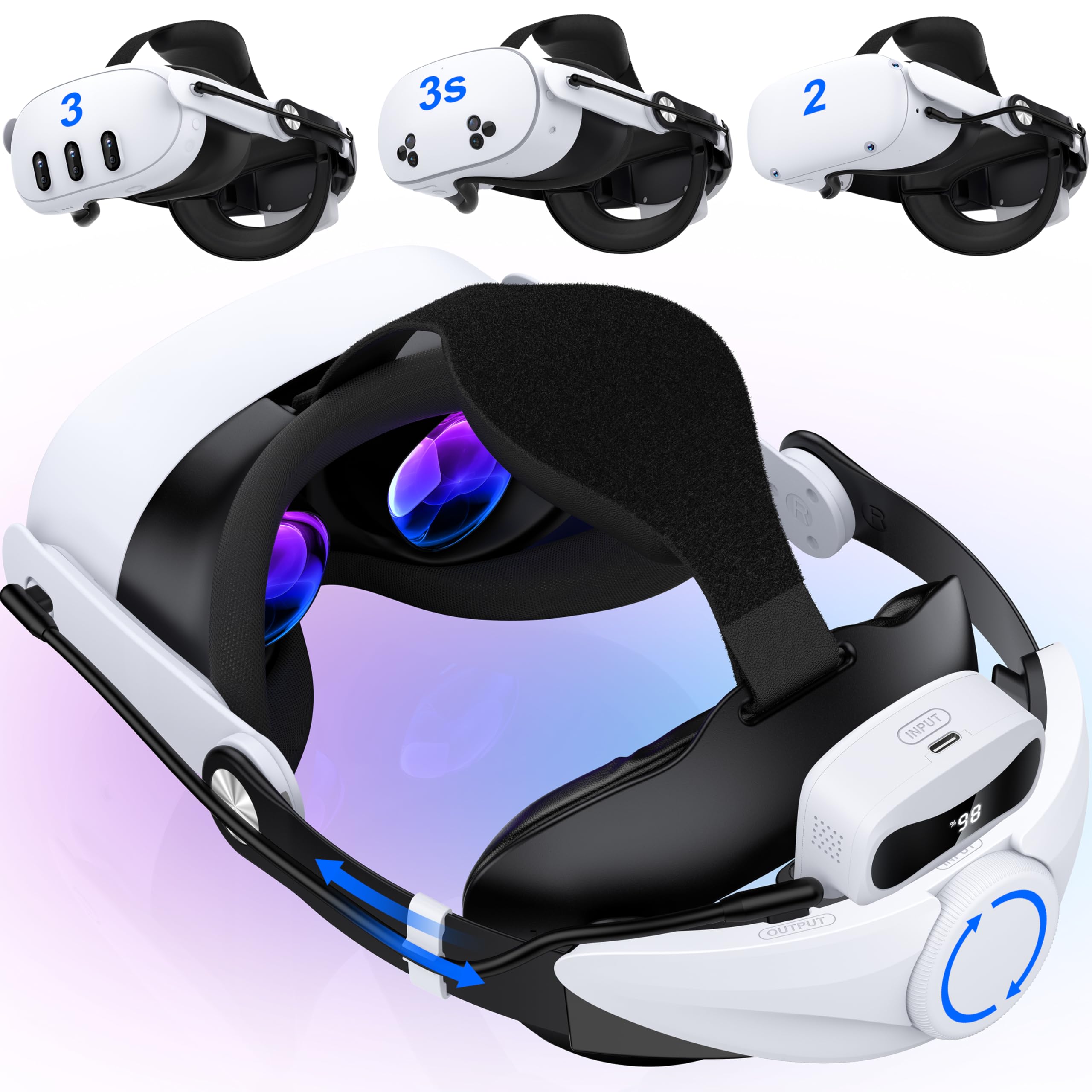 Elegamefy Sangle de tête pour Meta Quest 3/Quest 3S/Quest 2 avec batterie – Affichage numérique et temps prolongé de 3 à 4 heures, double molette de réglage, confort, équilibré