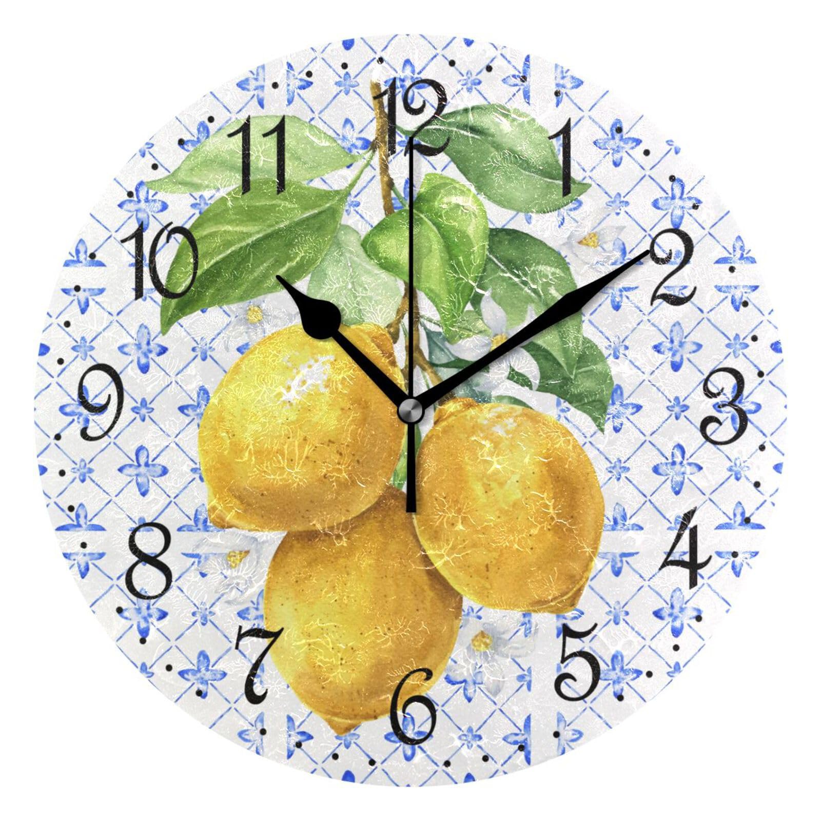 Mnsruu Wall Clock Mediterranean Lemons Leaves, Silent Non-Ticking Decorative Wall Clocks Battery Operated 25x25cm