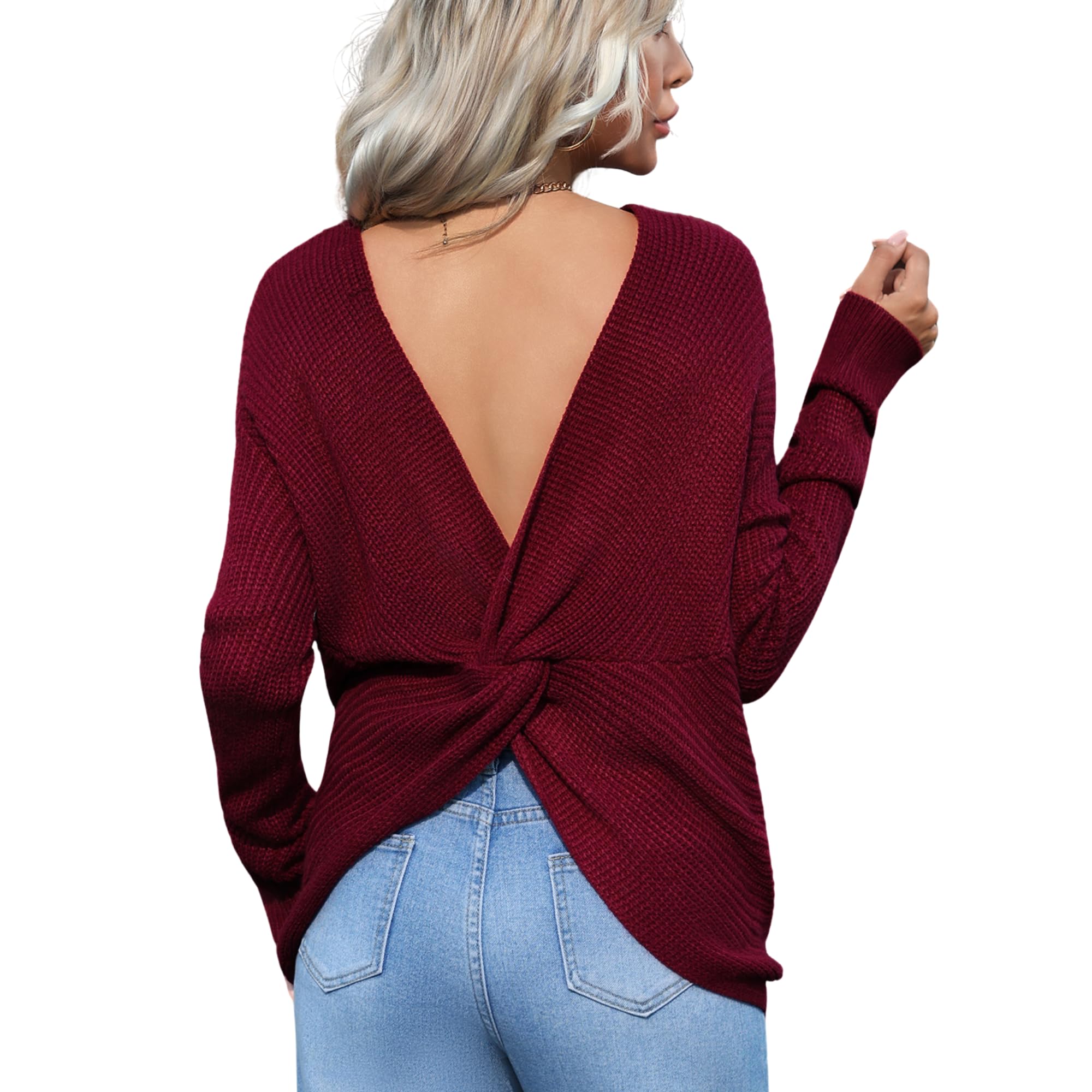 Womens Casual V Neck Criss Cross Backless Long Batwing Sleeve Loose Knitted Sweater Pullovers