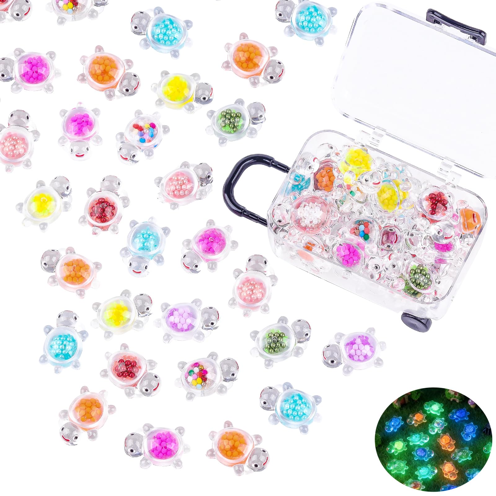 Anboor 30PCS Small Resin Turtle with 1 Pc Suitcase Boxes, Luminous Mini Resin Animals to Hide Sea Turtles Glow In The Dark Figurines for Fairy Garden Dollhouse Aquarium Decor (Beads)