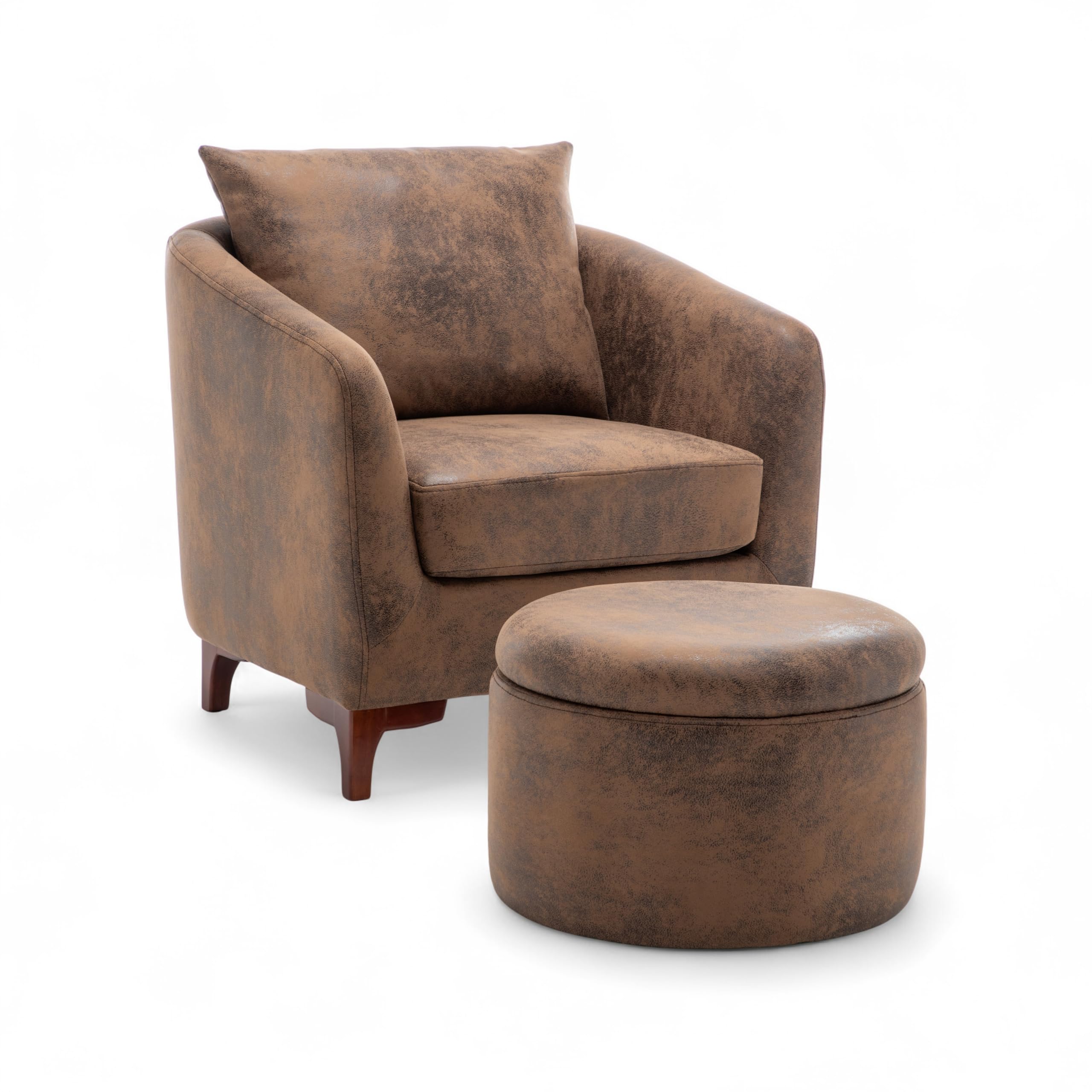 Faux Leather Armchair with Footstool and Cushion - Comfy Leather Tub Chair with Wooden Legs for Reading, Relaxing and Guests, Small Bucket Chair for Living Room, Waiting Room and Corner Nook - ANGELA — image 1