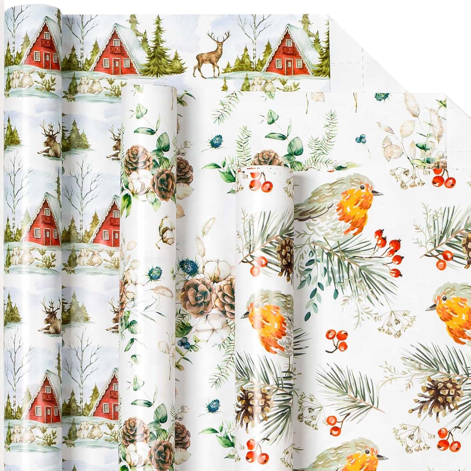 Homeral Christmas Wrapping Paper Rolls - White Birds, Pinecones, Snow and Deer Gift Wrap Set for Christmas, New Year Celebration, Holiday - 3 Rolls - 17 Inch x 120 Inch Per Roll 17*120in per roll(42.5sqft.ttl) White Bird and Berry