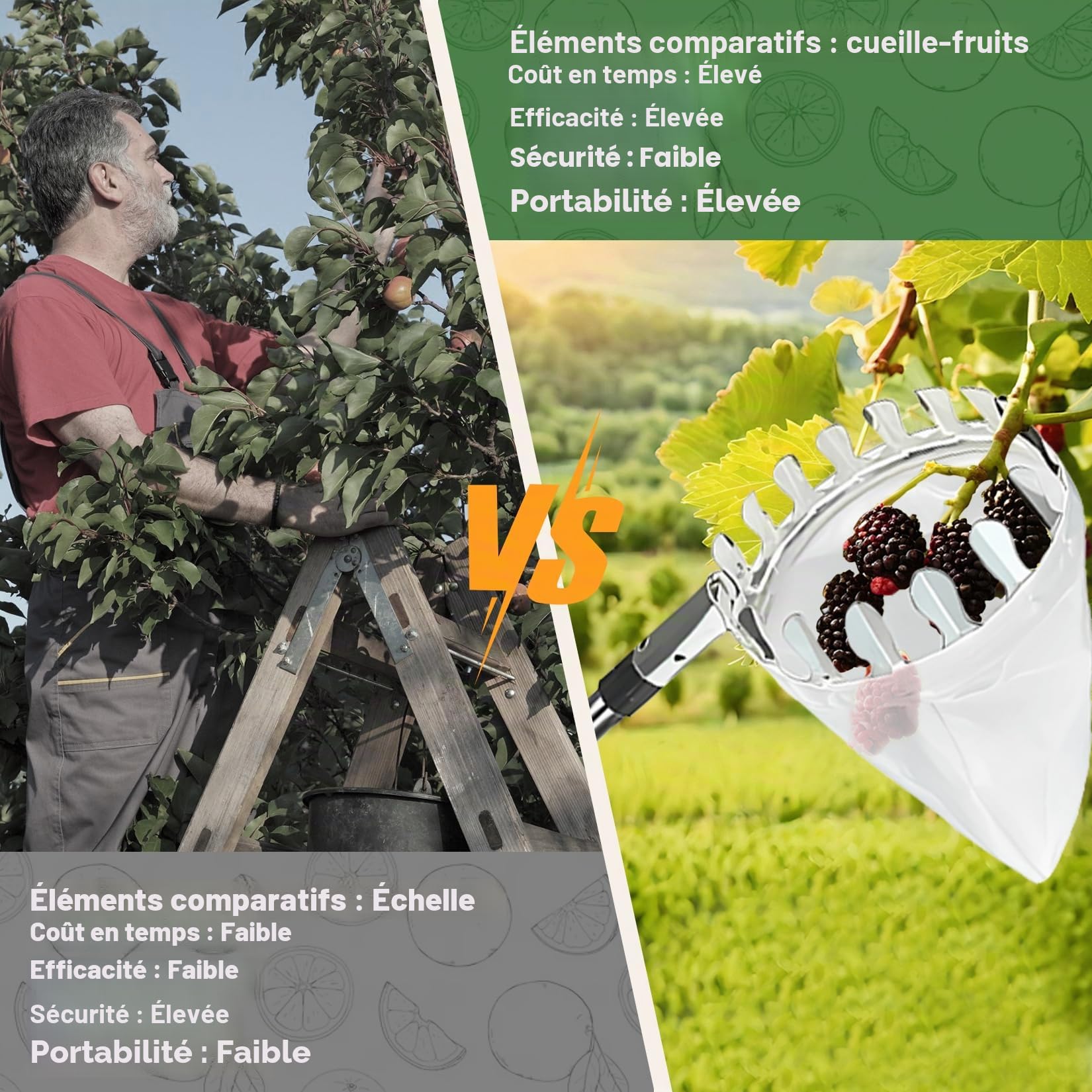 Idota Cueille Fruit Telescopique 4M Ramasse Pomme avec Perche Télescopique INOX et Sac Diamètre 16 cm Cueille Fruit pour Cerises Pommes Poires