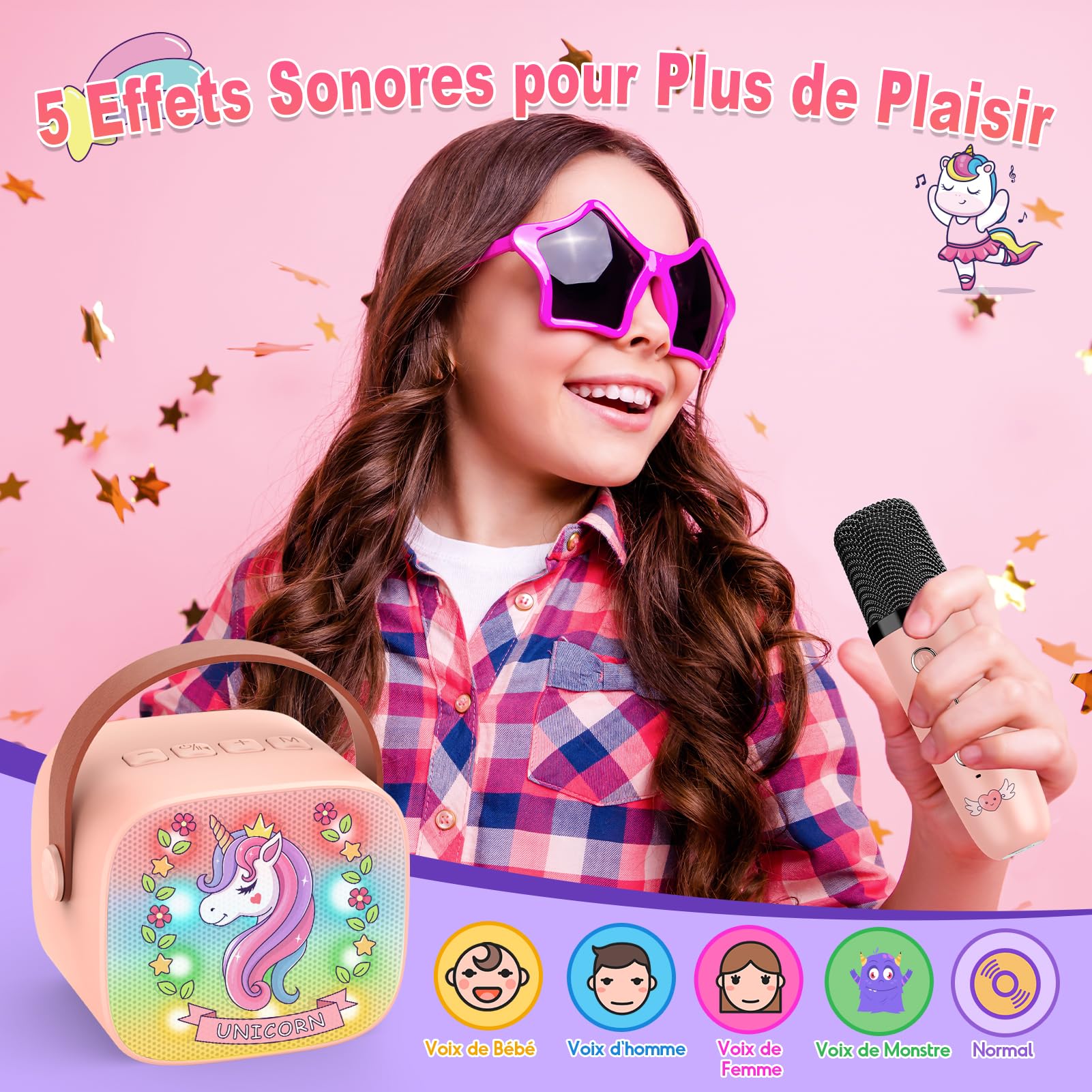 Dislocati Micro Karaoke Enfant avec 2 Micro sans Fil Bluetooth, Cadeau Fille 3-12 Ans Microphone Karaoké Jouet Fille 3-12 Ans Micro Enfant pour Chanter Fille Cadeau de Noel Enfant Licorne