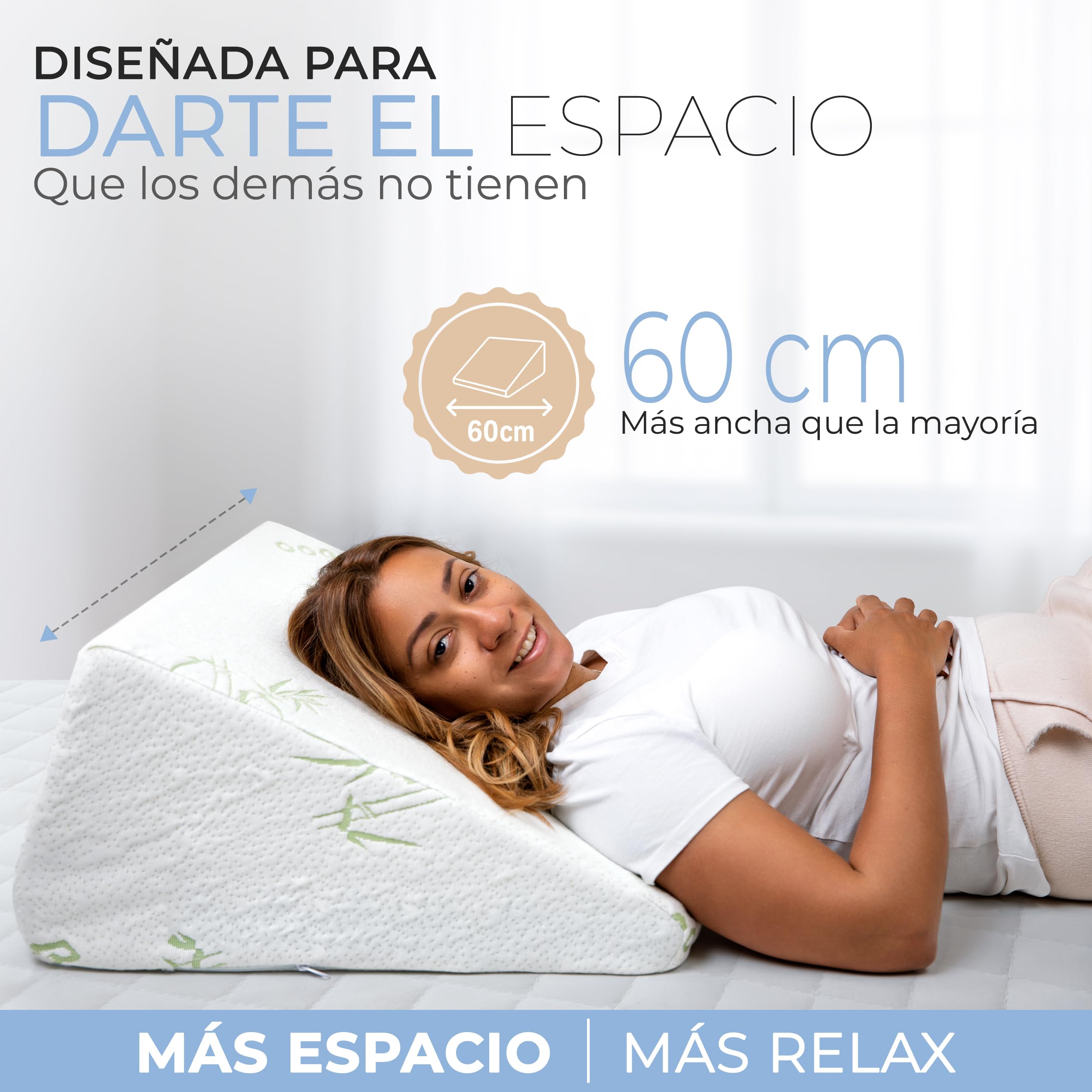 Restwell® Almohada Cuña Ergonómica 60 cm de Ancho | Cojin Respaldo para Leer Ver TV o Trabajar con Portátil en Cama y Sofá | Soporte Cómodo de Espalda | Viscoelástica Transpirable | 2 Fundas Incluidas