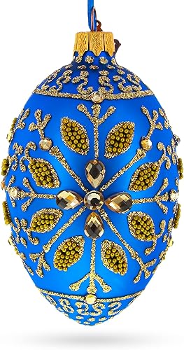 Adorno de huevo de cristal azul con copo de nieve dorado de 4 pulgadas Adorno de huevo de cristal azul con copo de nieve dorado de 4 pulgadas