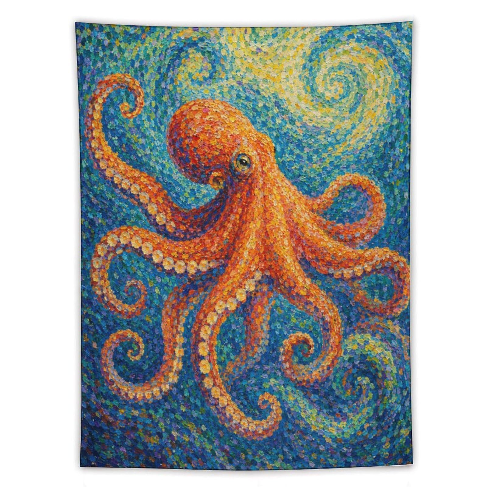 H3B8U2Y5 Orange Octopus Wall Tapestry, Impressionist, Pointillist Ocean