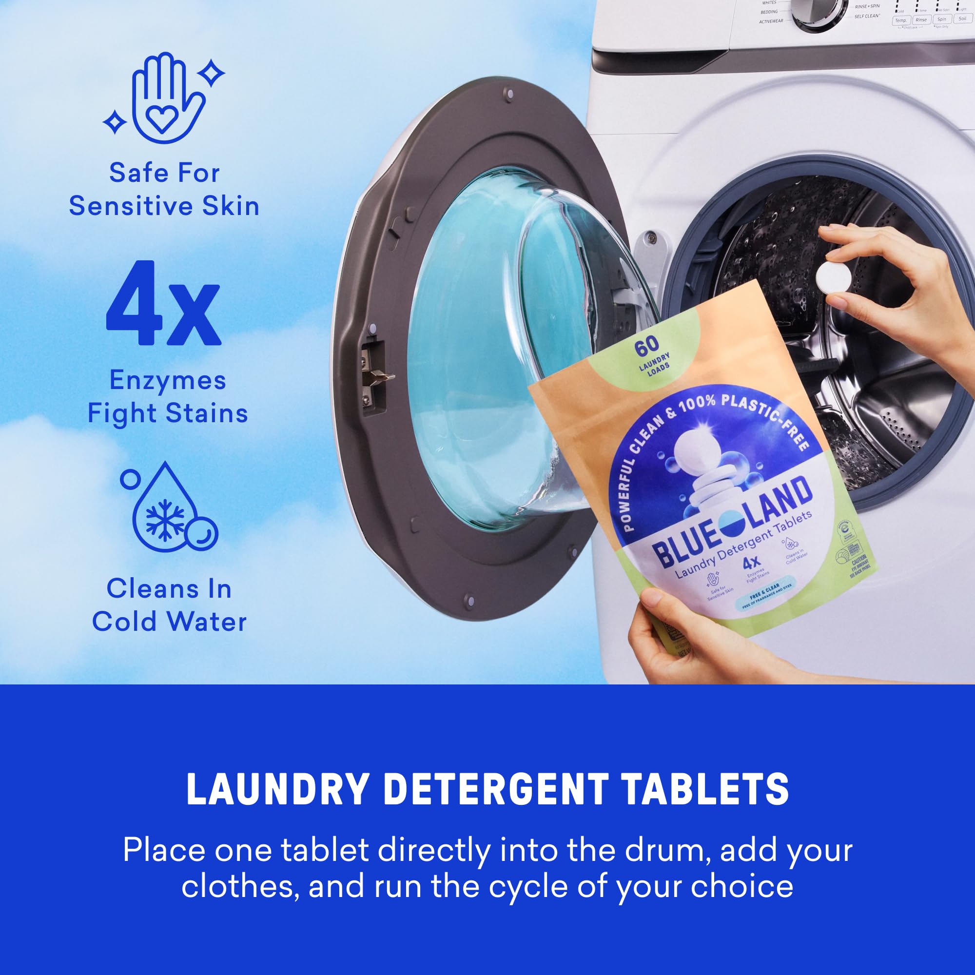BLUELAND Laundry Essentials Kit, sin fragancia, tabletas de detergente para ropa sin plástico, refuerzo de oxi y bolas de secado de lana natural reutilizables
