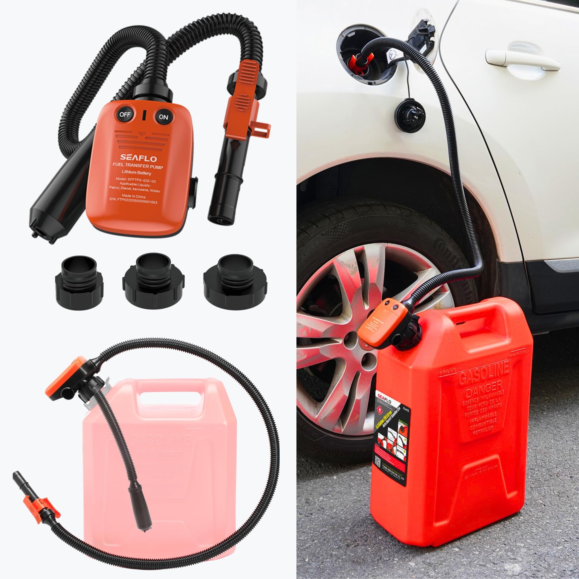 SEAFLO Pompe de transfert de pompe à carburant électrique automatique rechargeable (débit 2,3 GPM - 3,1 GPM) avec tuyau d'aspiration longueur (465 mm) et tuyau d'évacuation flexible Longueur : 1050 mm